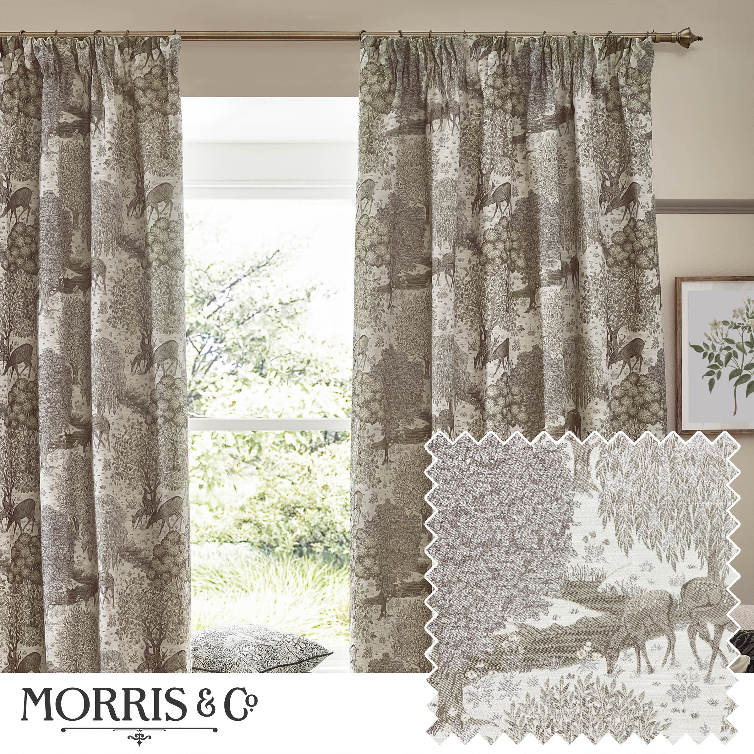 Brook Woodland Jacquard Pencil Pleat Curtains - Linen