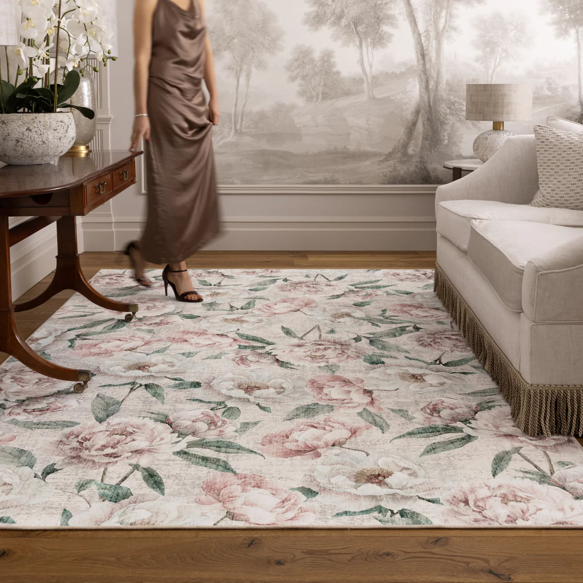 Eco-Washable Rug - Blooming Peonies Oyster Pink