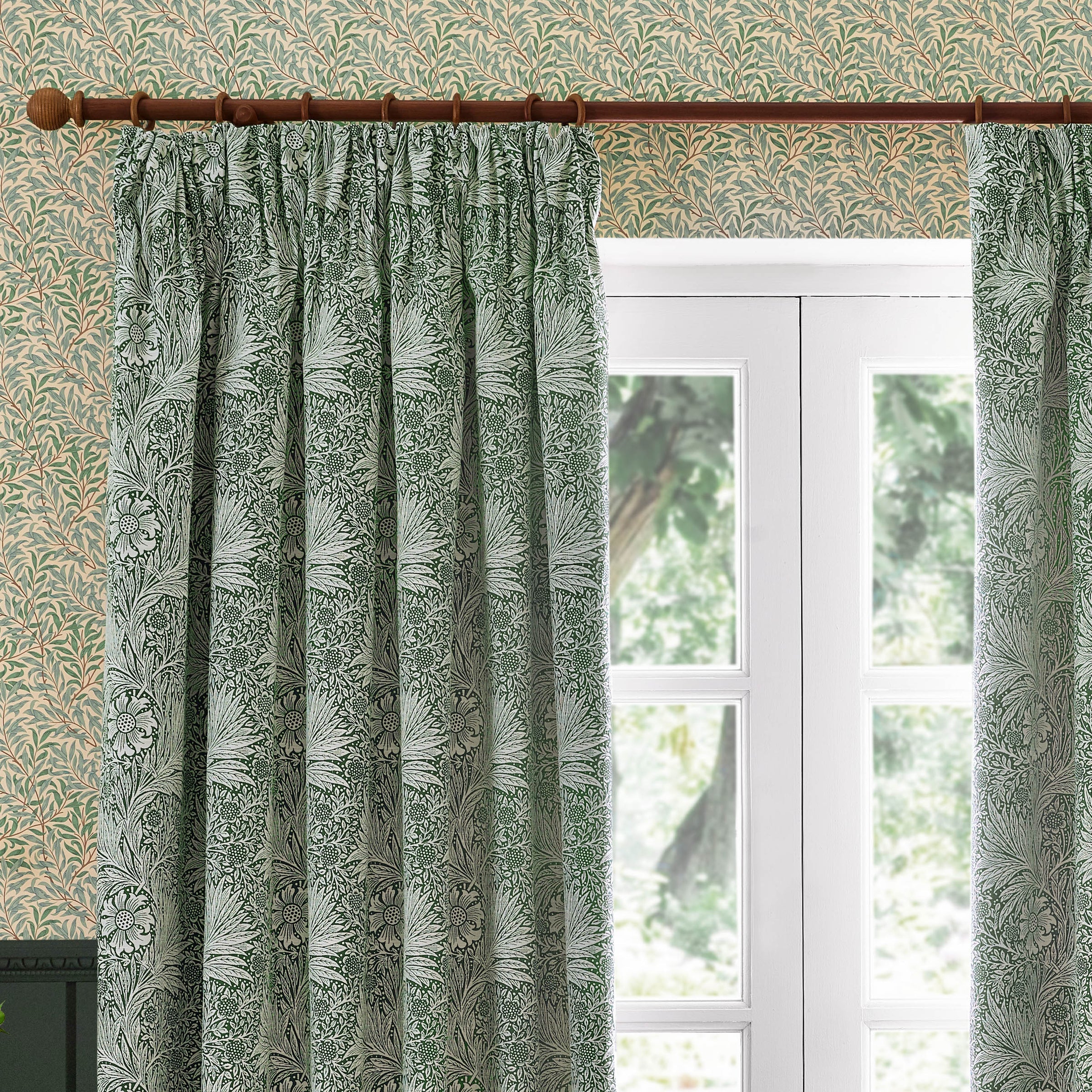 Marigold Floral Jacquard Pencil Pleat Curtains - Leaf Green