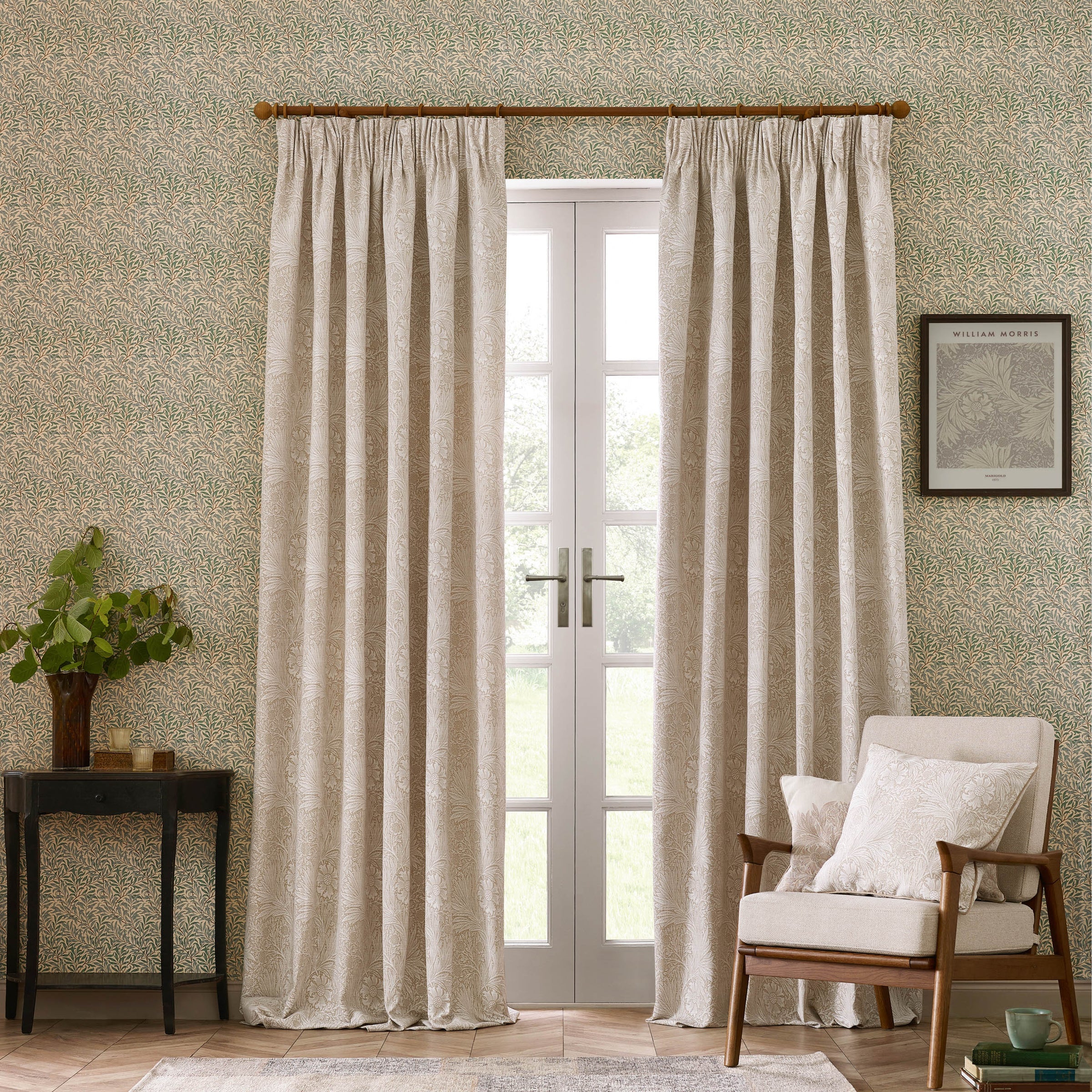 Marigold Floral Jacquard Pencil Pleat Curtains - Stone