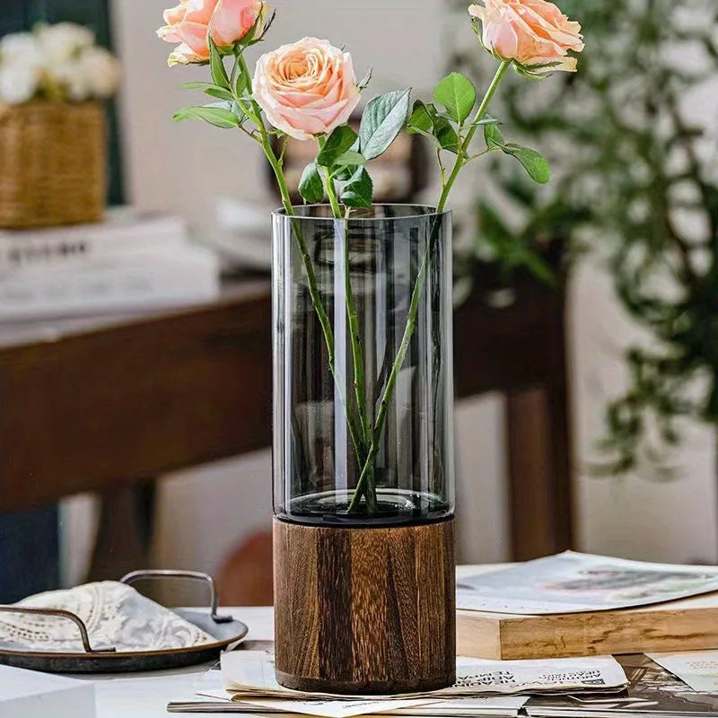 Nordic Smokey Grey glazen vaas met houten standaard