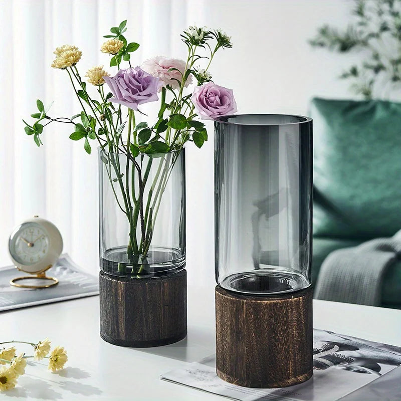 Nordic Smokey Grey glazen vaas met houten standaard