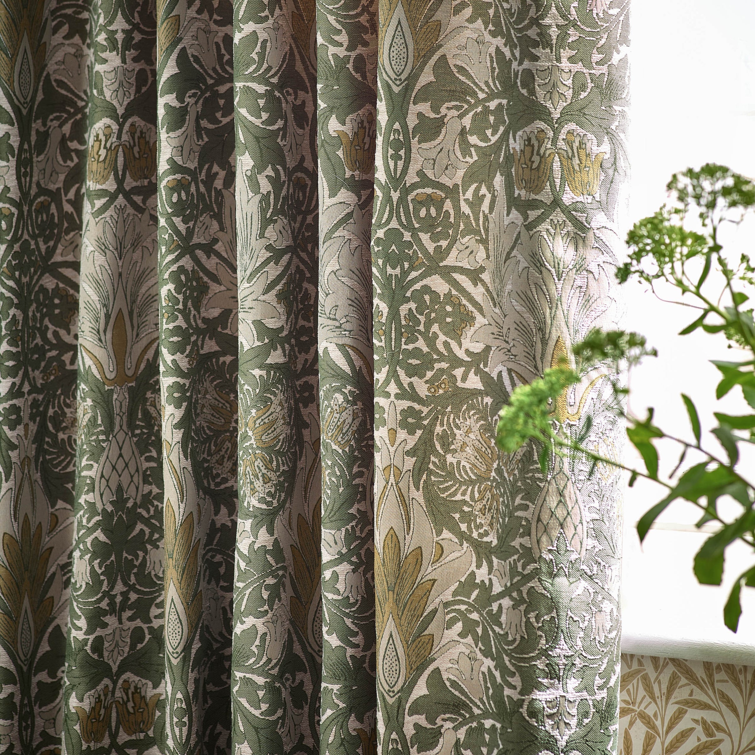 Snakeshead Jacquard Chenille Pencil Pleat Curtains - Sunflower/Stone