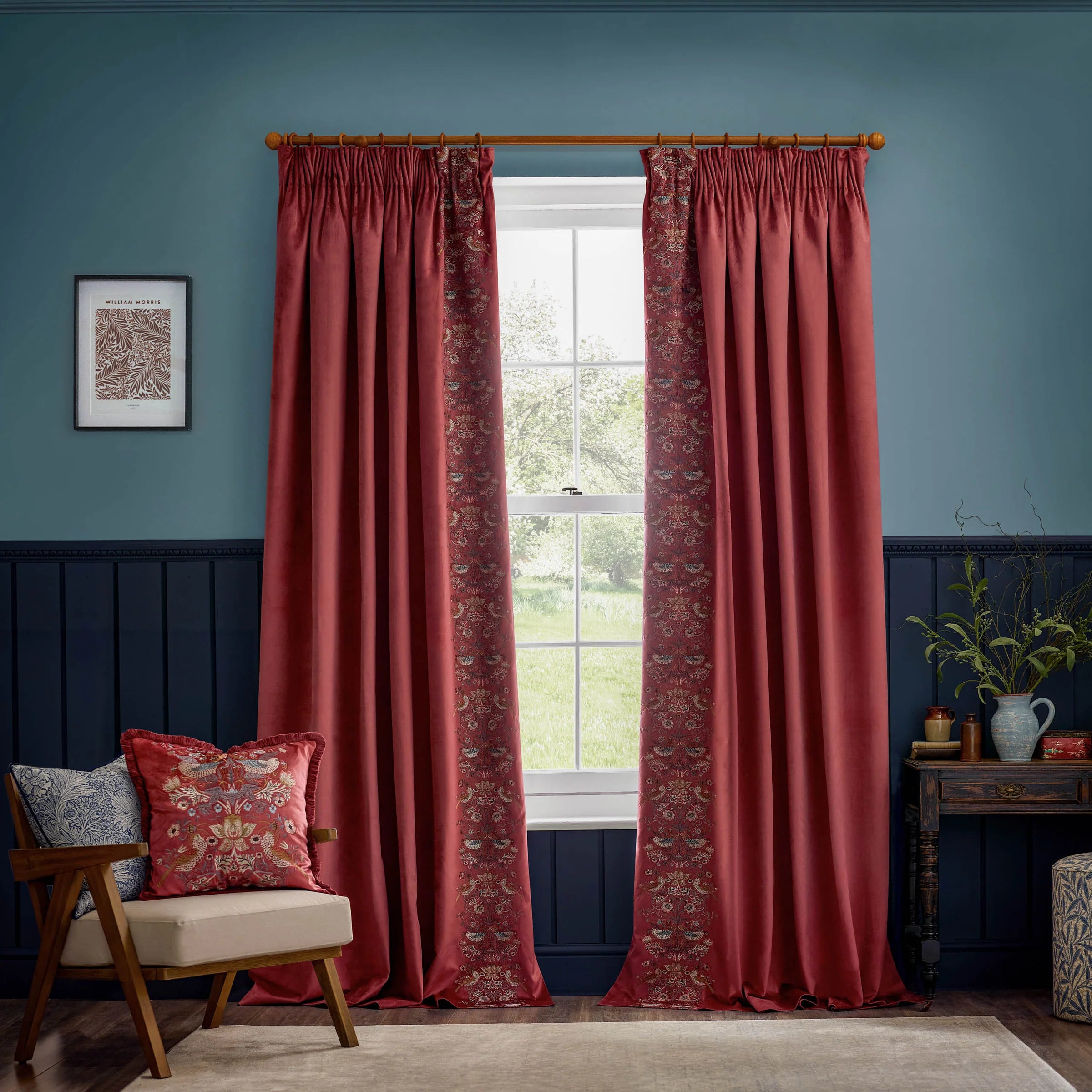 Strawberry Thief Embroidered Floral Velvet Pencil Pleat Curtains - Berry