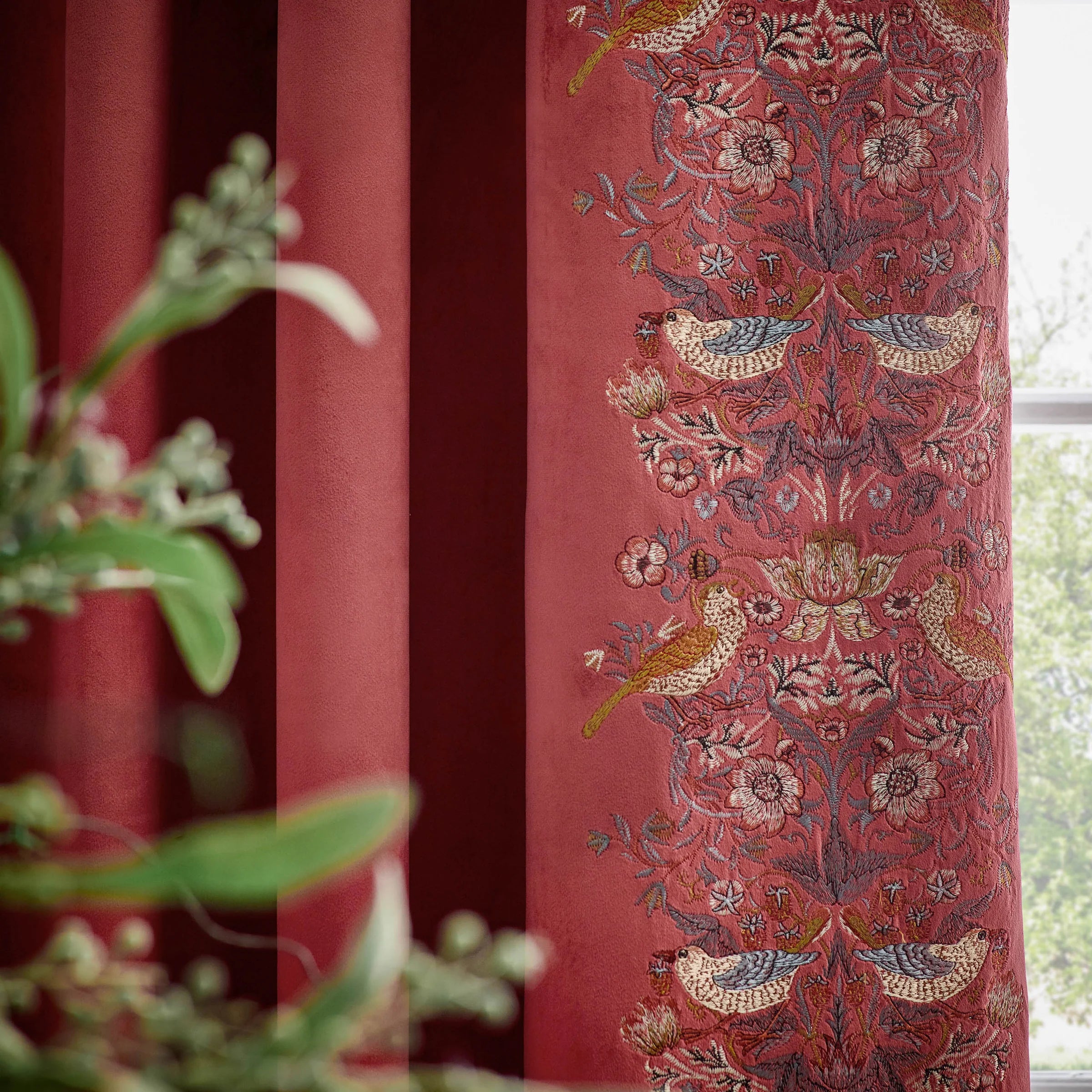Strawberry Thief Embroidered Floral Velvet Pencil Pleat Curtains - Berry