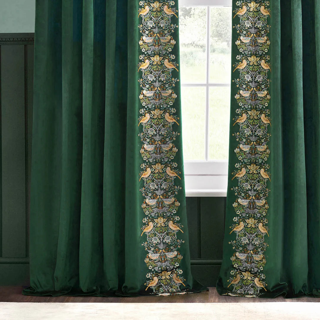 Strawberry Thief Embroidered Floral Velvet Pencil Pleat Curtains - Forest Green
