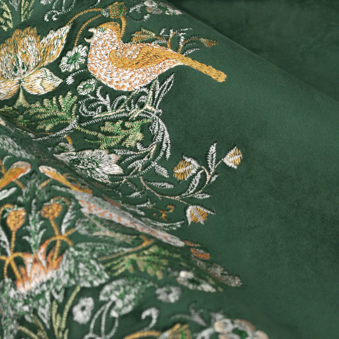 Strawberry Thief Embroidered Floral Velvet Pencil Pleat Curtains - Forest Green