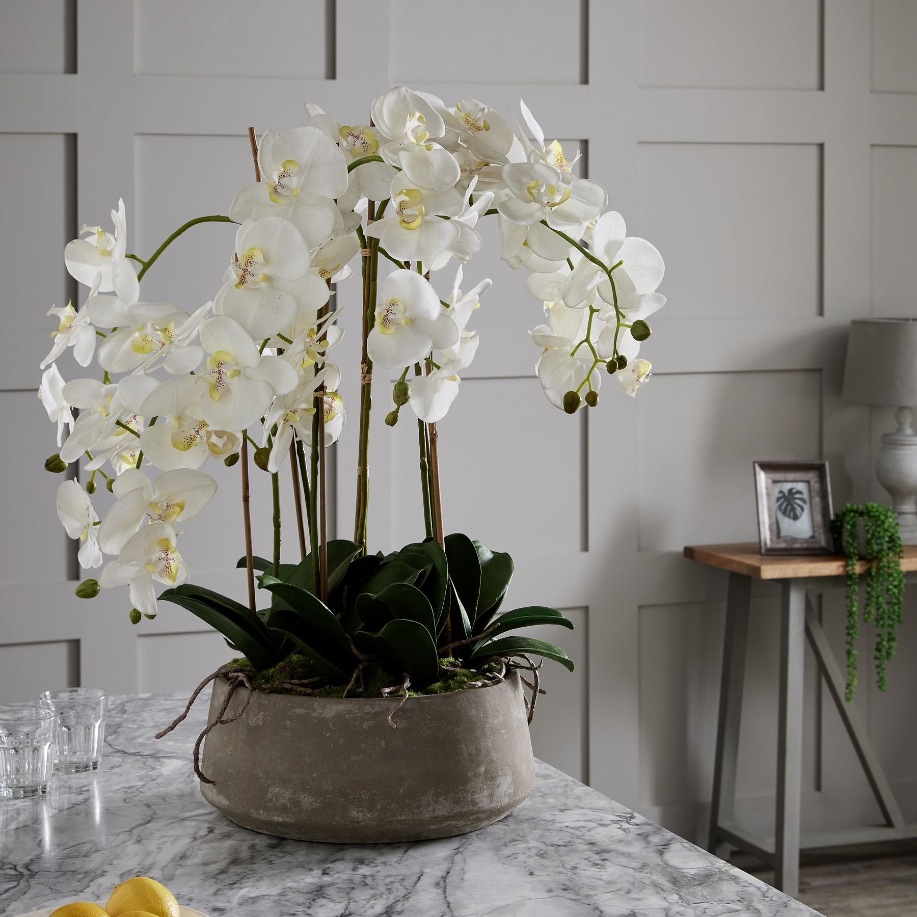 Faux Large White Orchid In Stone Pot