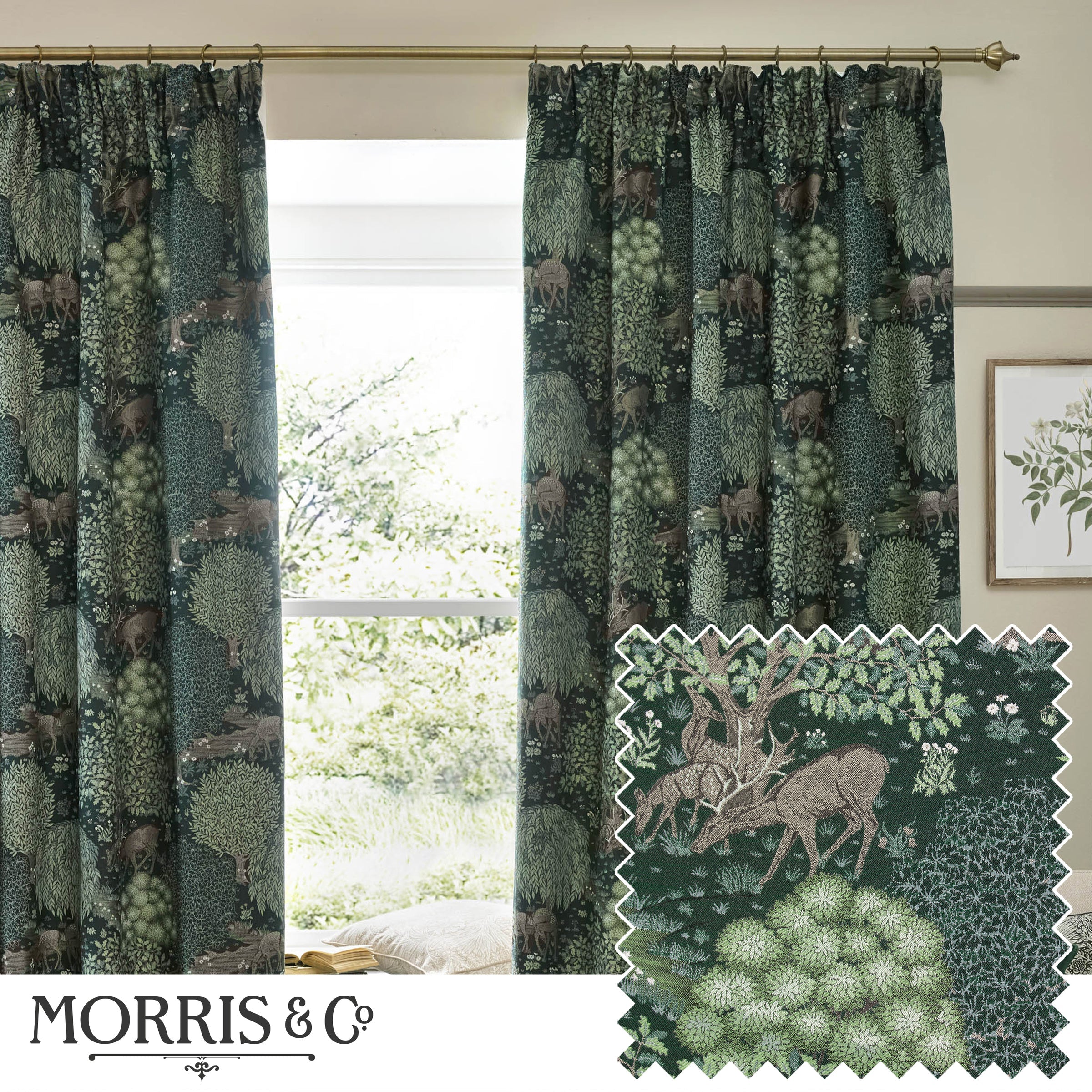 Brook Woodland Jacquard Pencil Pleat Curtains - Forest Green