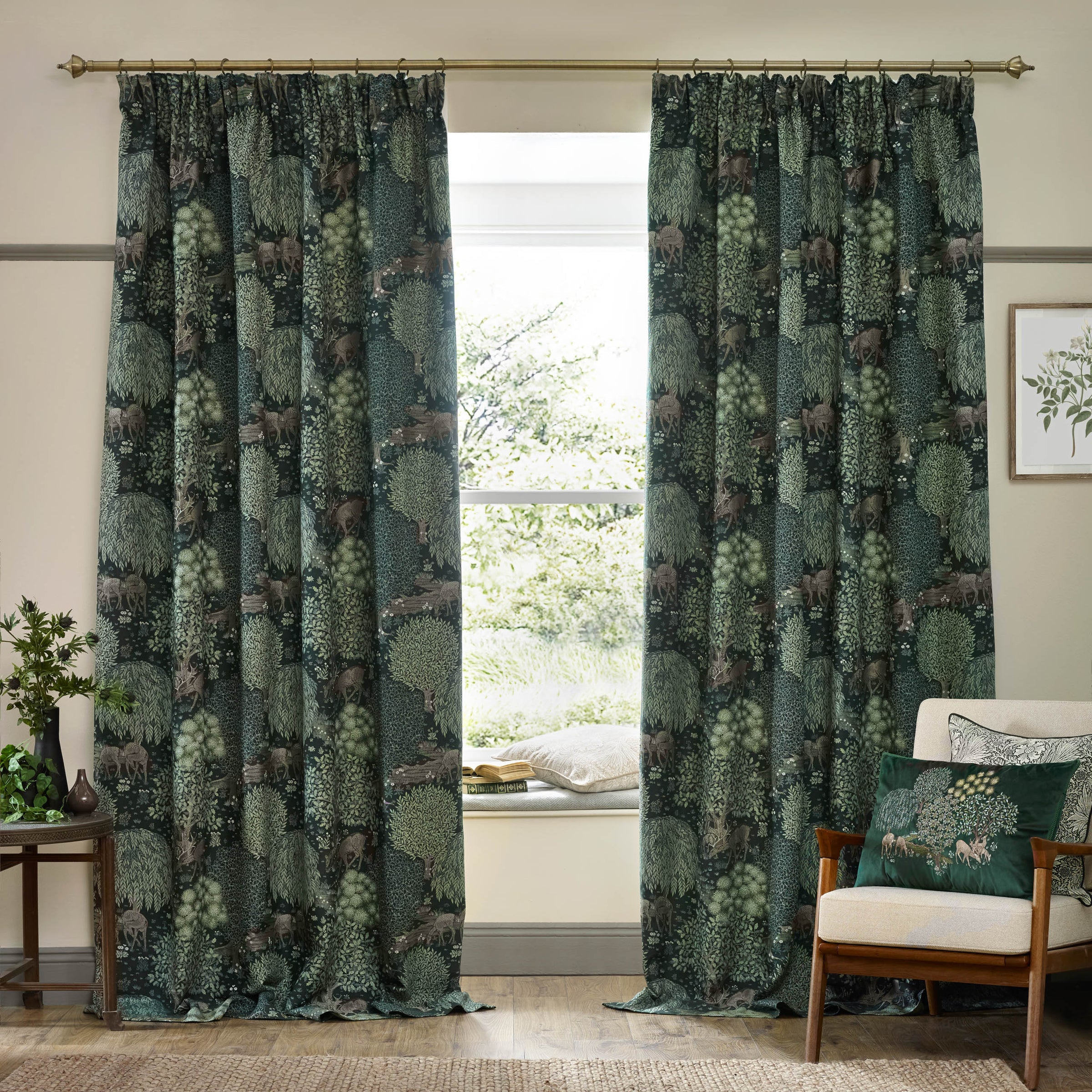 Brook Woodland Jacquard Pencil Pleat Curtains - Forest Green