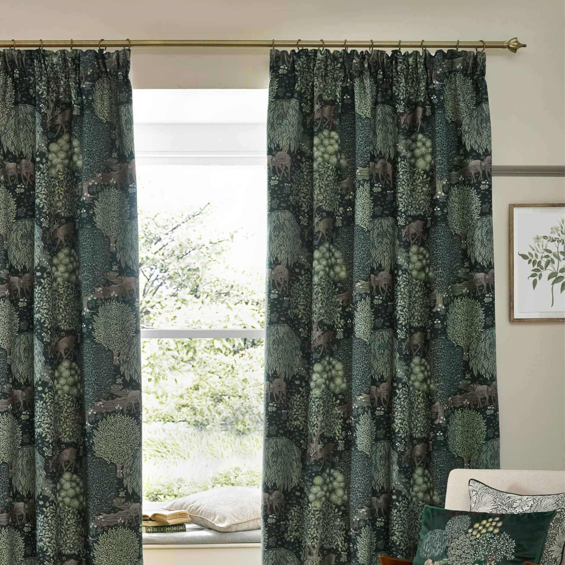 Brook Woodland Jacquard Pencil Pleat Curtains - Forest Green