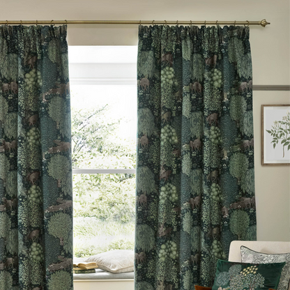 Brook Woodland Jacquard Pencil Pleat Curtains - Forest Green