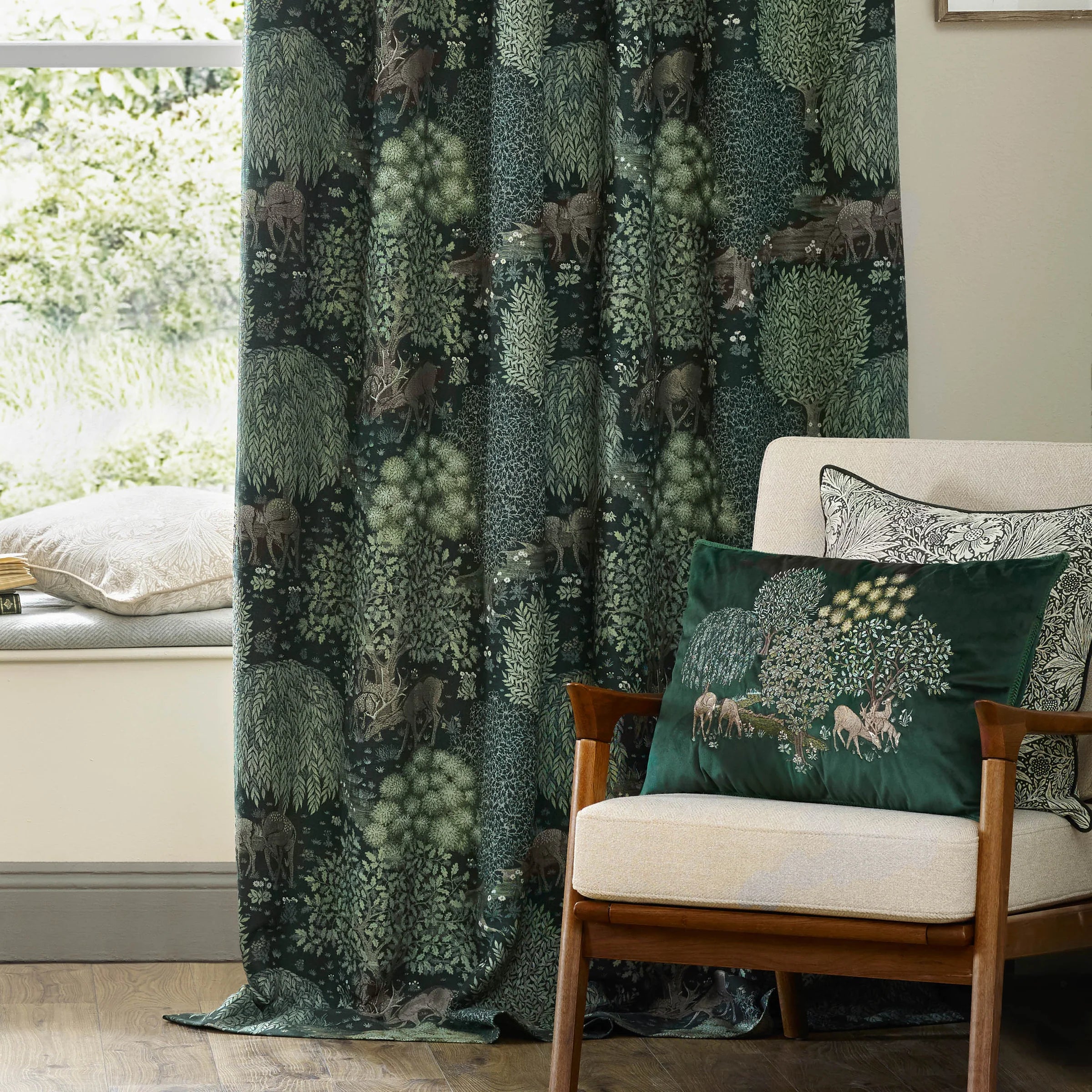 Brook Woodland Jacquard Pencil Pleat Curtains - Forest Green