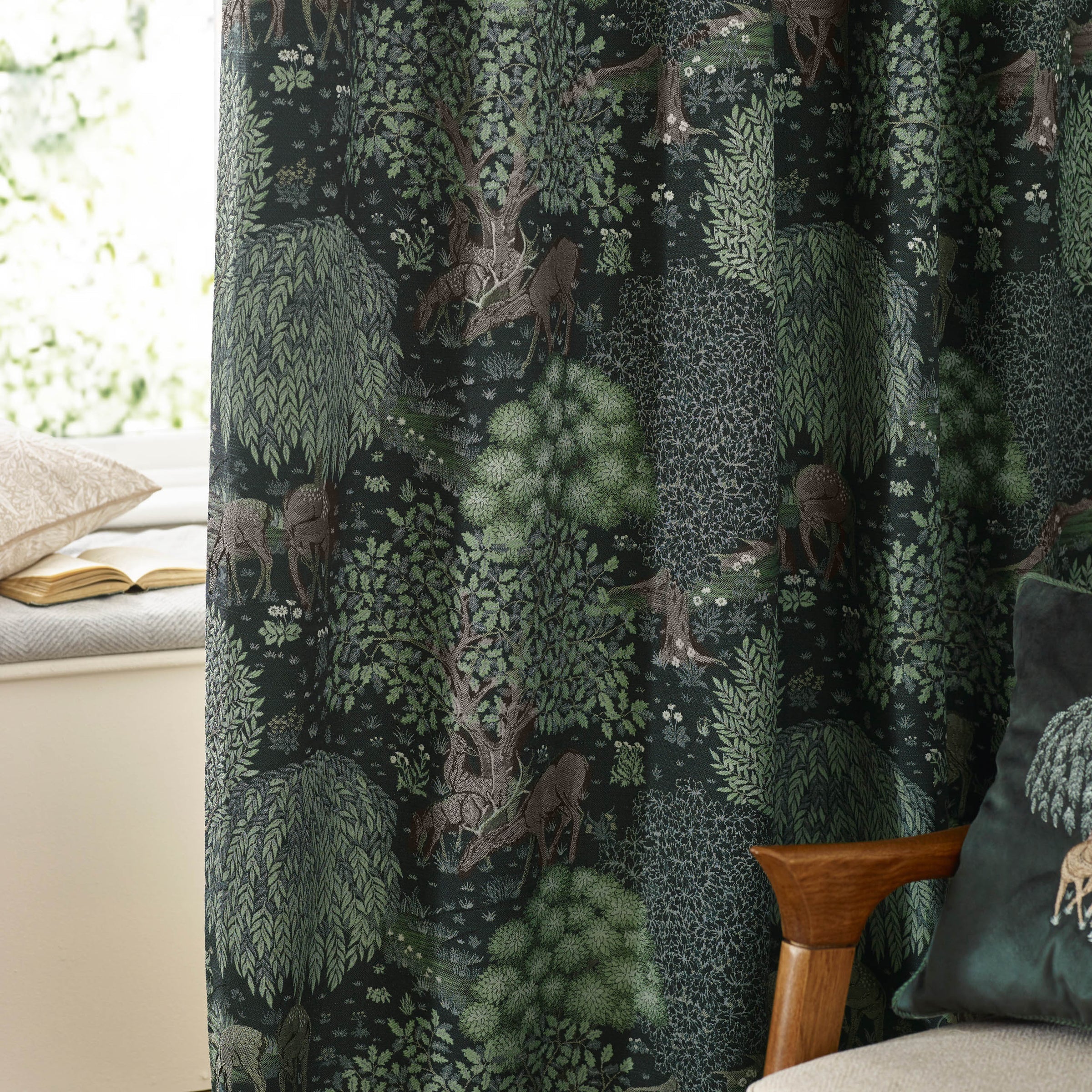 Brook Woodland Jacquard Pencil Pleat Curtains - Forest Green