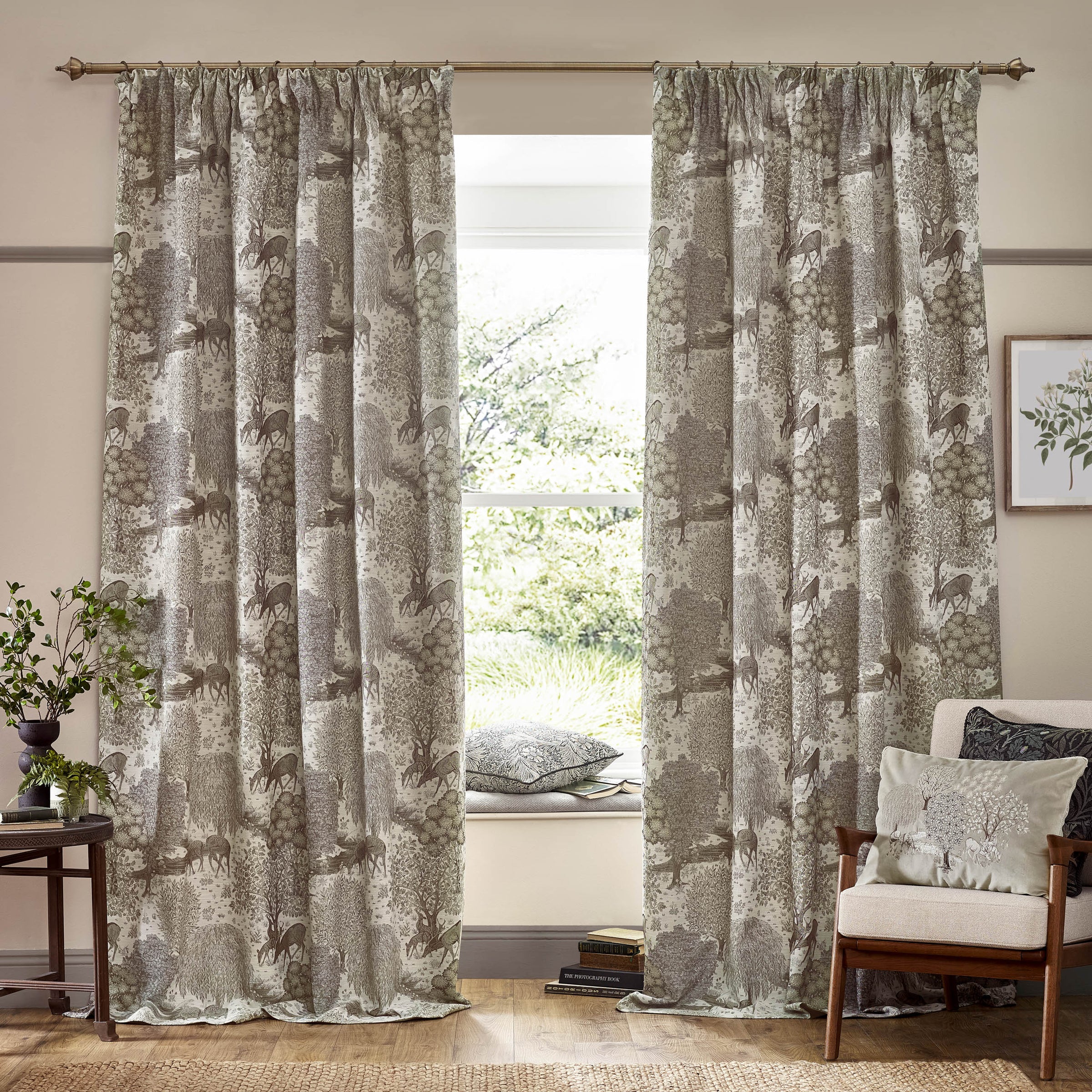 Brook Woodland Jacquard Pencil Pleat Curtains - Linen