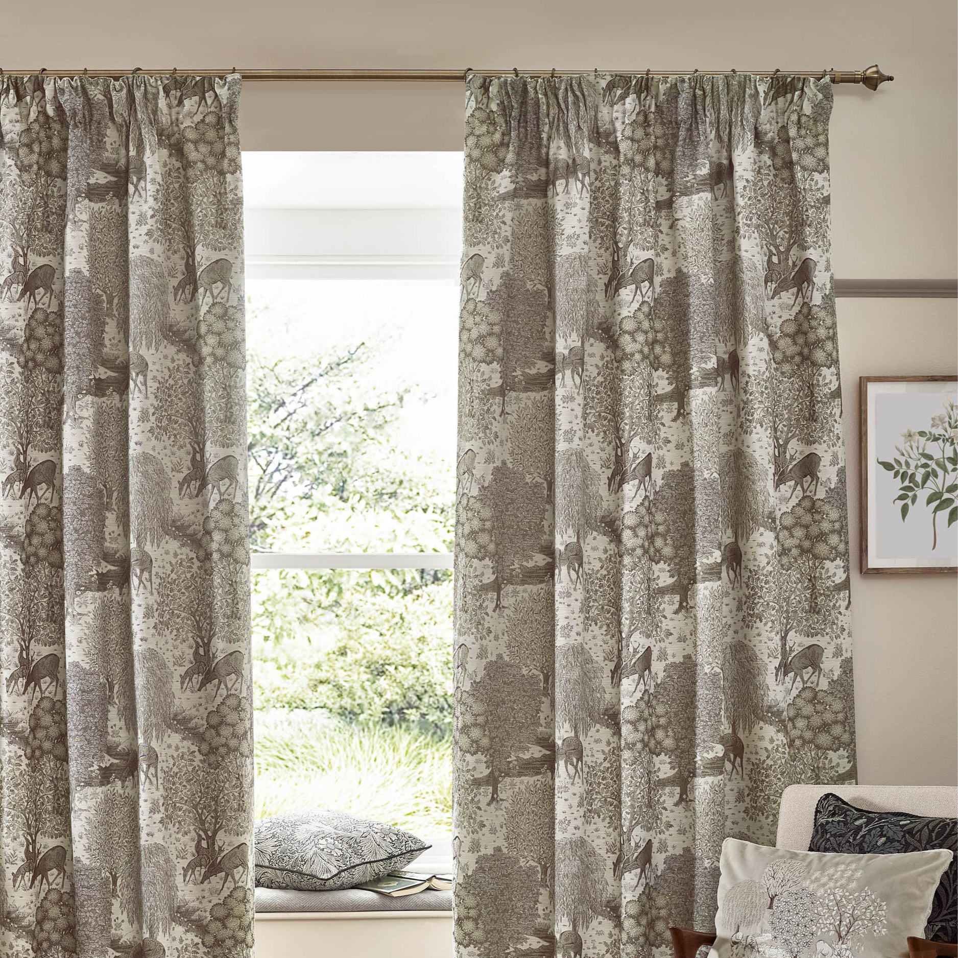 Brook Woodland Jacquard Pencil Pleat Curtains - Linen