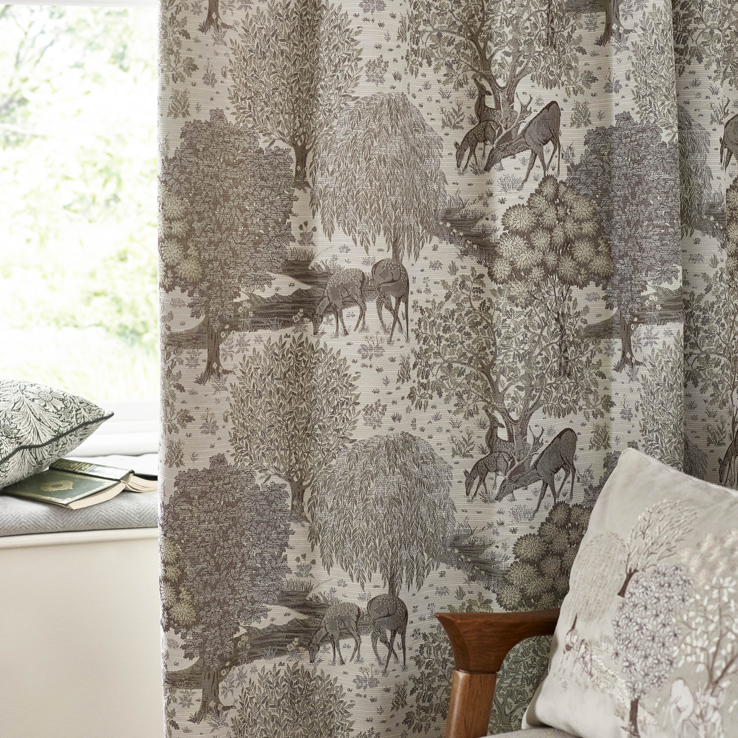 Brook Woodland Jacquard Pencil Pleat Curtains - Linen