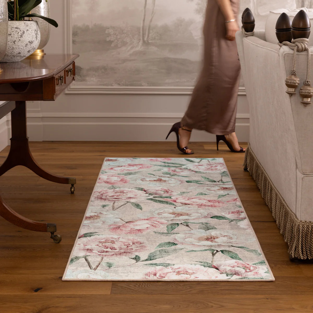 Eco-Washable Rug - Blooming Peonies Oyster Pink