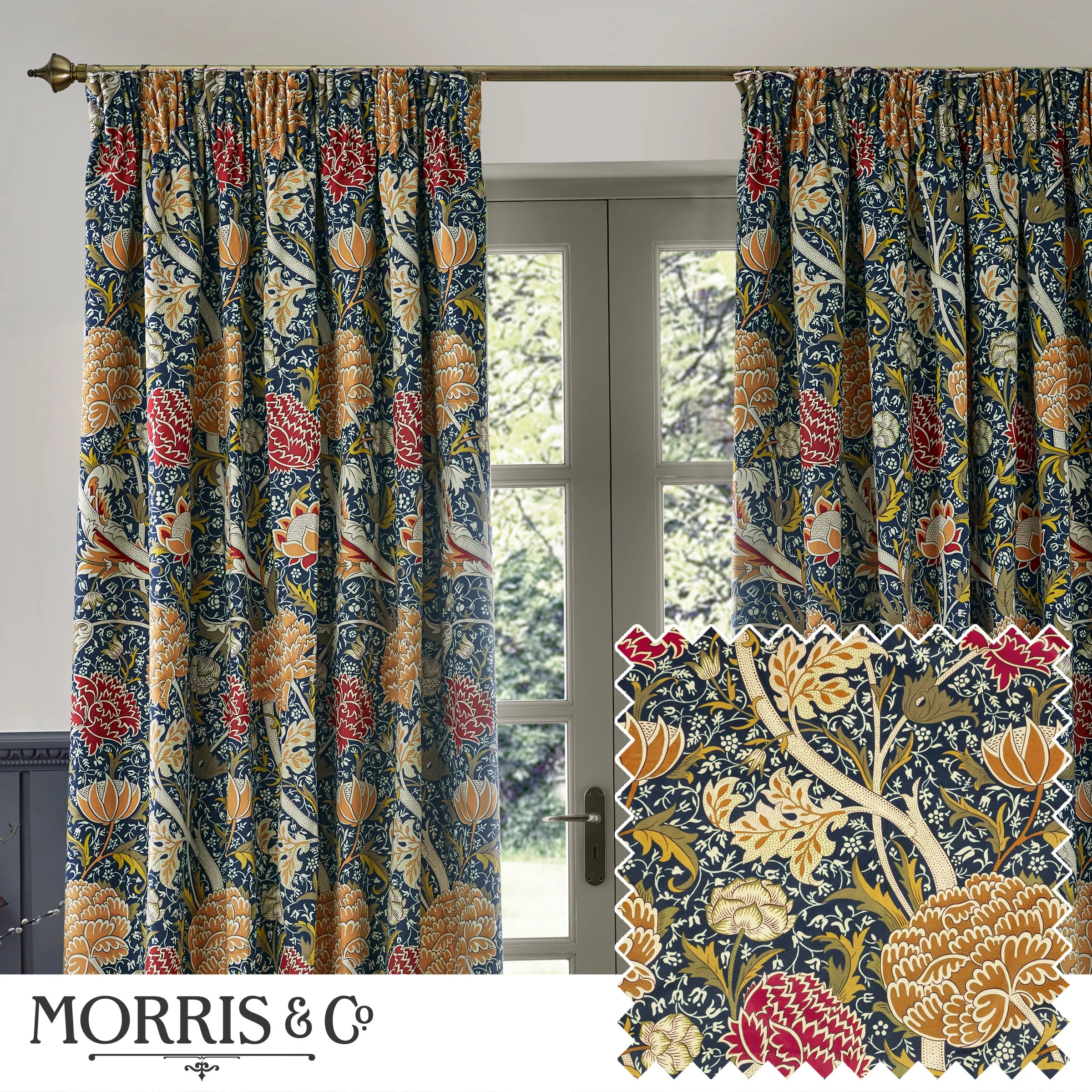Cray Floral Velvet Pencil Pleat Curtains - Indigo/Berry