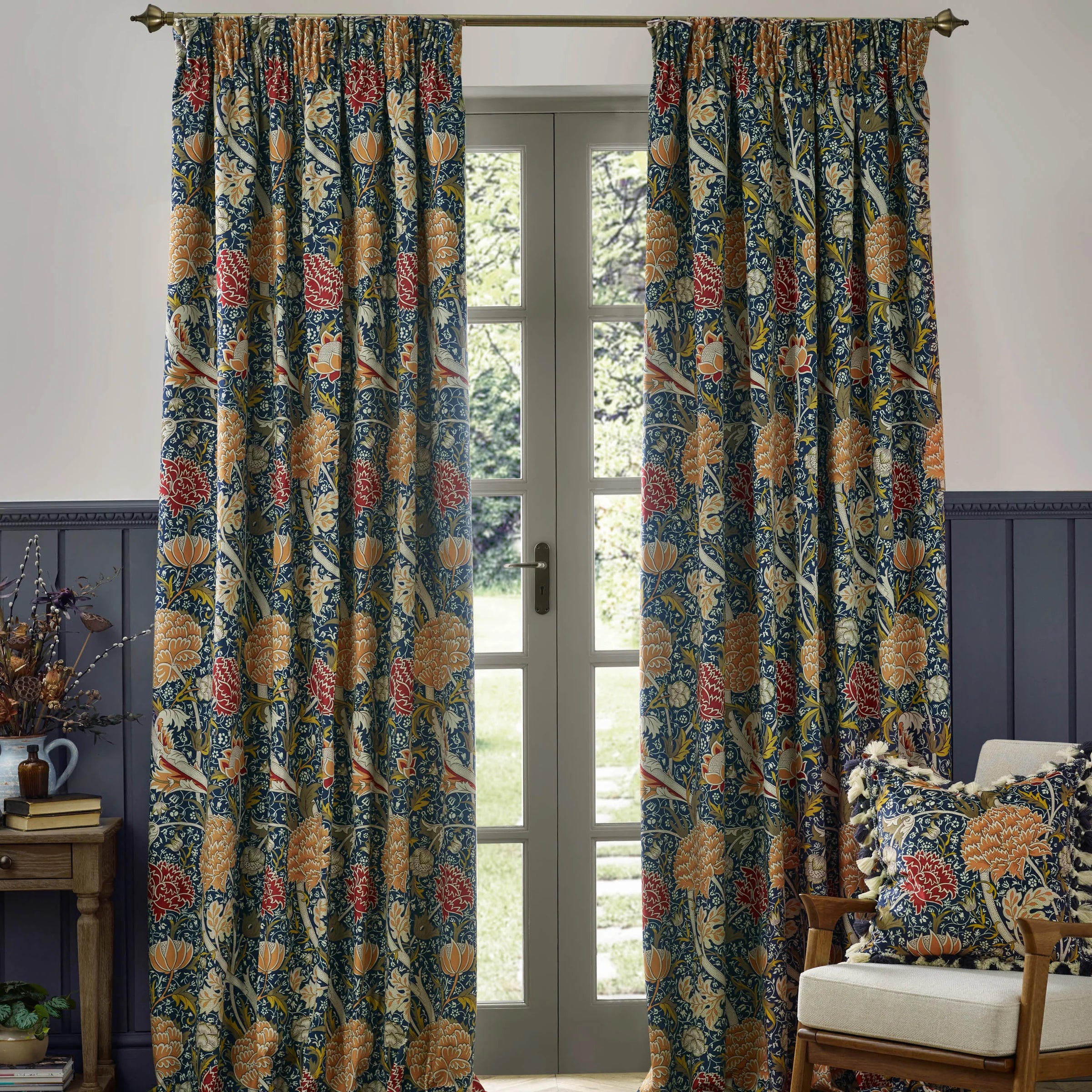 Cray Floral Velvet Pencil Pleat Curtains - Indigo/Berry
