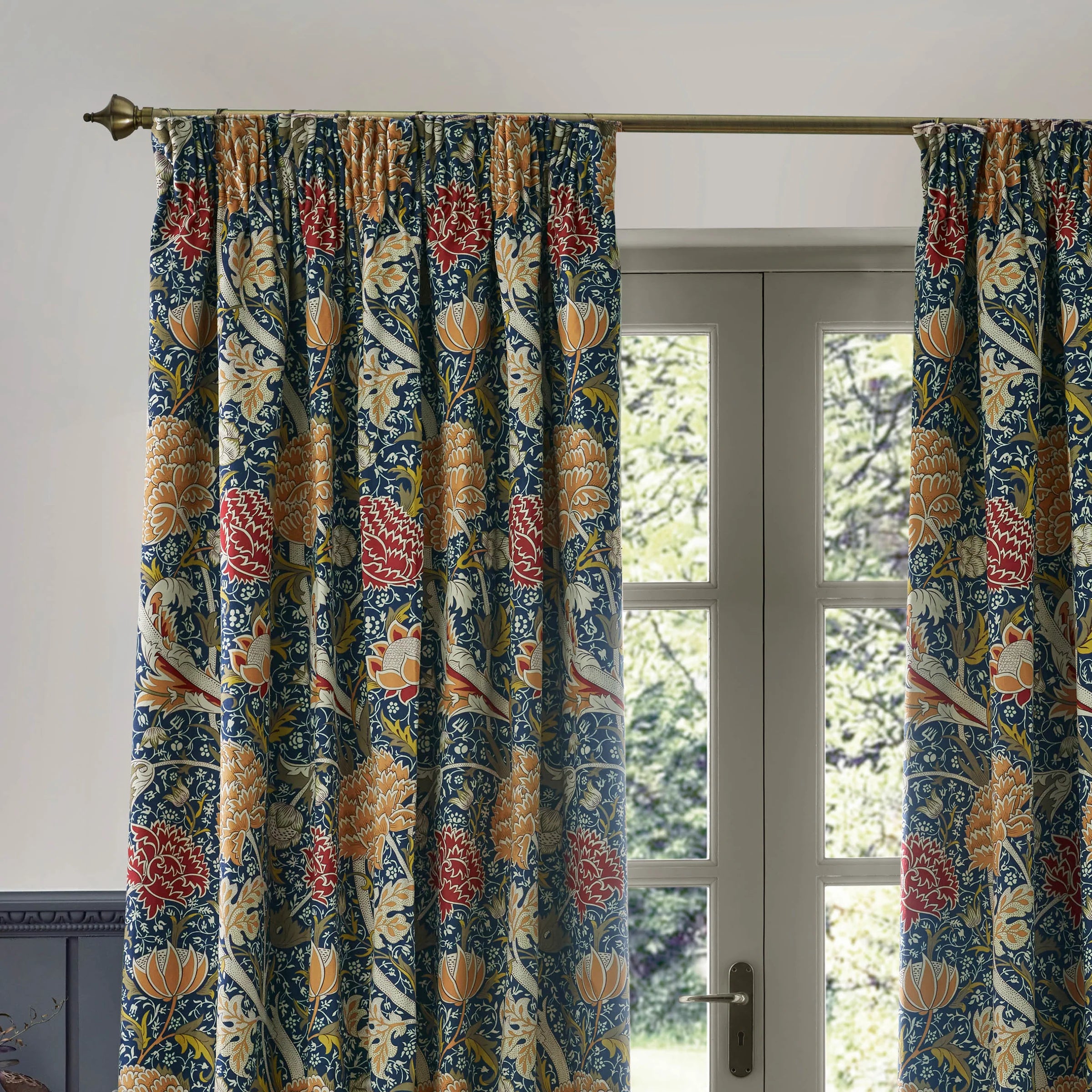 Cray Floral Velvet Pencil Pleat Curtains - Indigo/Berry