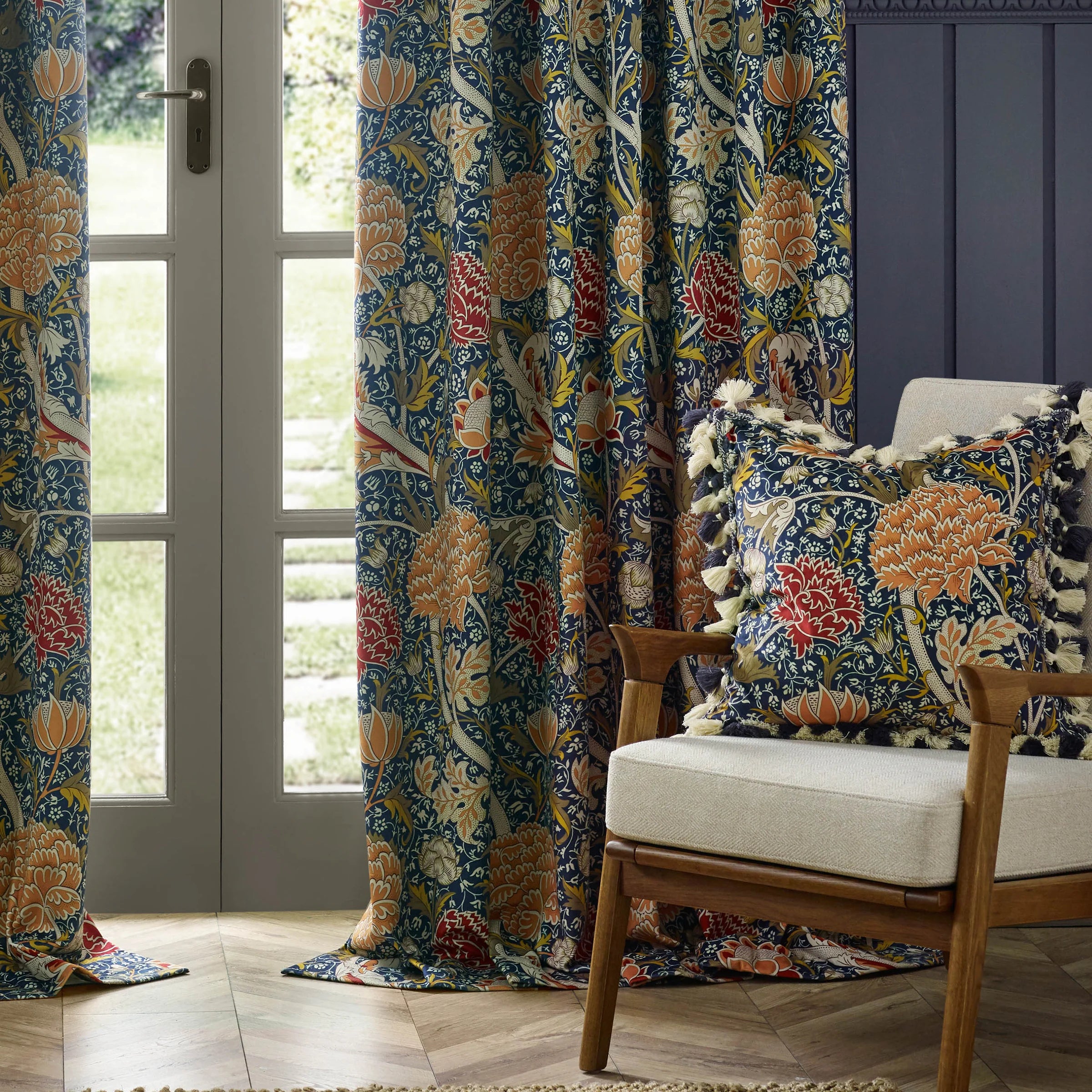 Cray Floral Velvet Pencil Pleat Curtains - Indigo/Berry