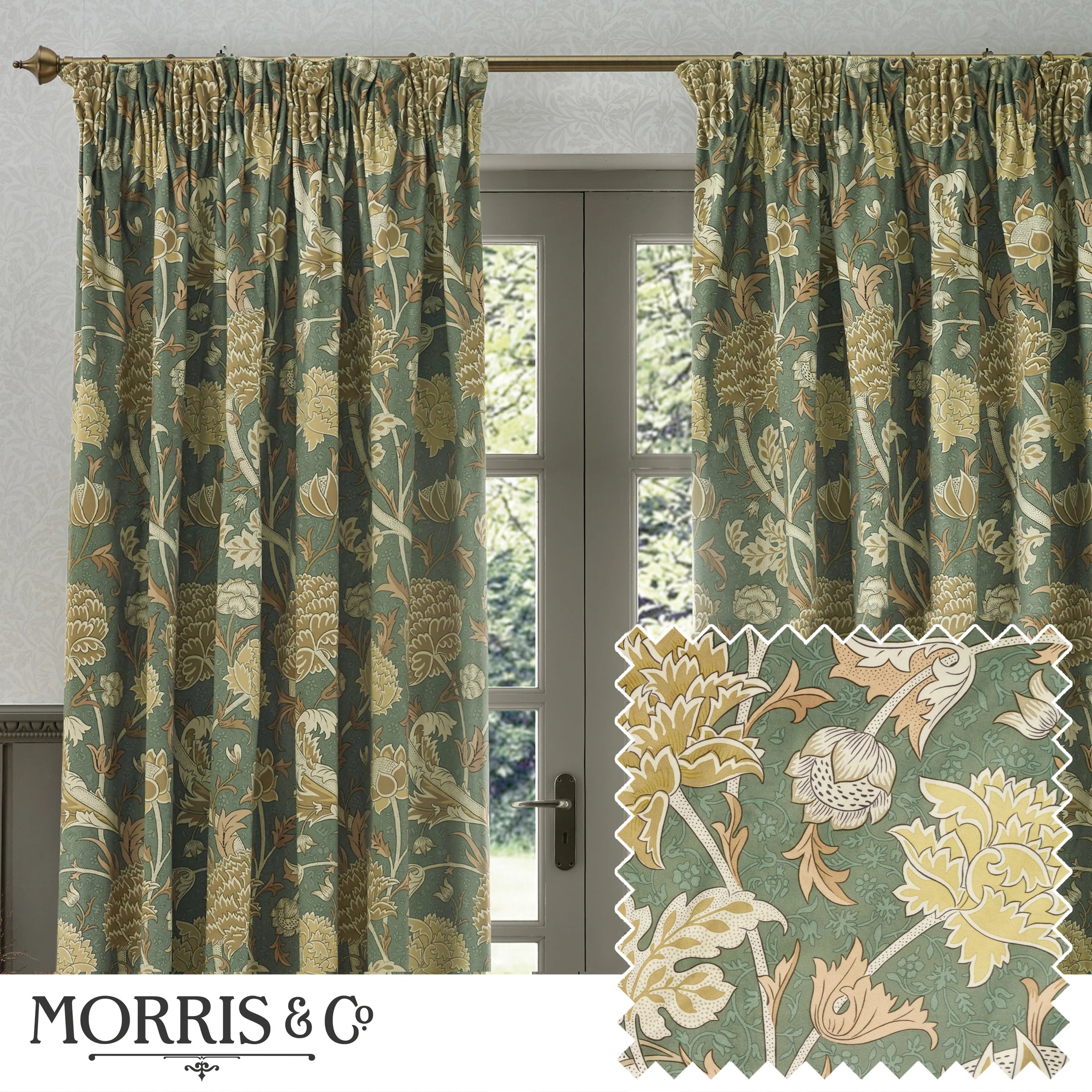 Cray Floral Velvet Pencil Pleat Curtains - Sage/Sunflower