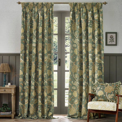 Cray Floral Velvet Pencil Pleat Curtains - Sage/Sunflower