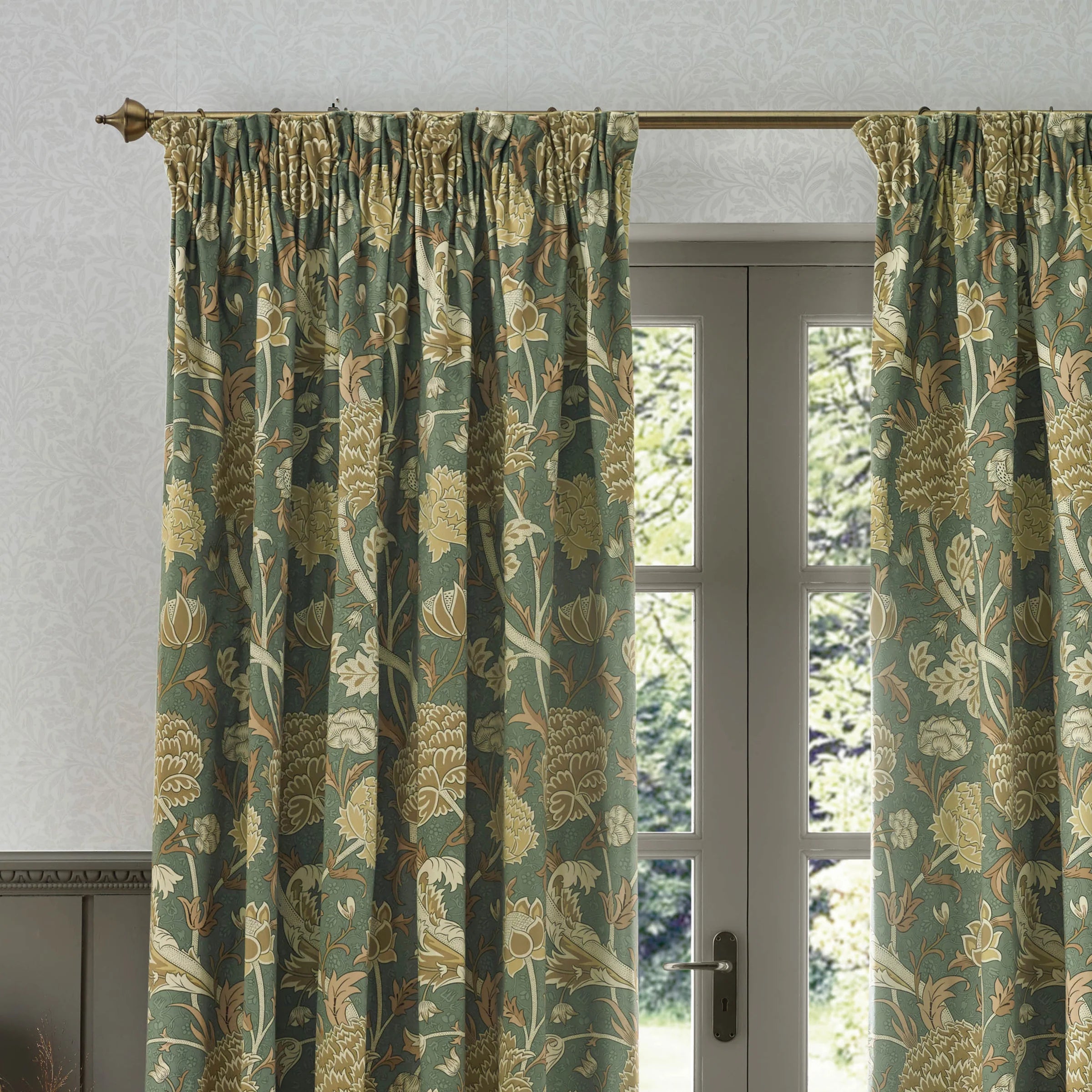 Cray Floral Velvet Pencil Pleat Curtains - Sage/Sunflower