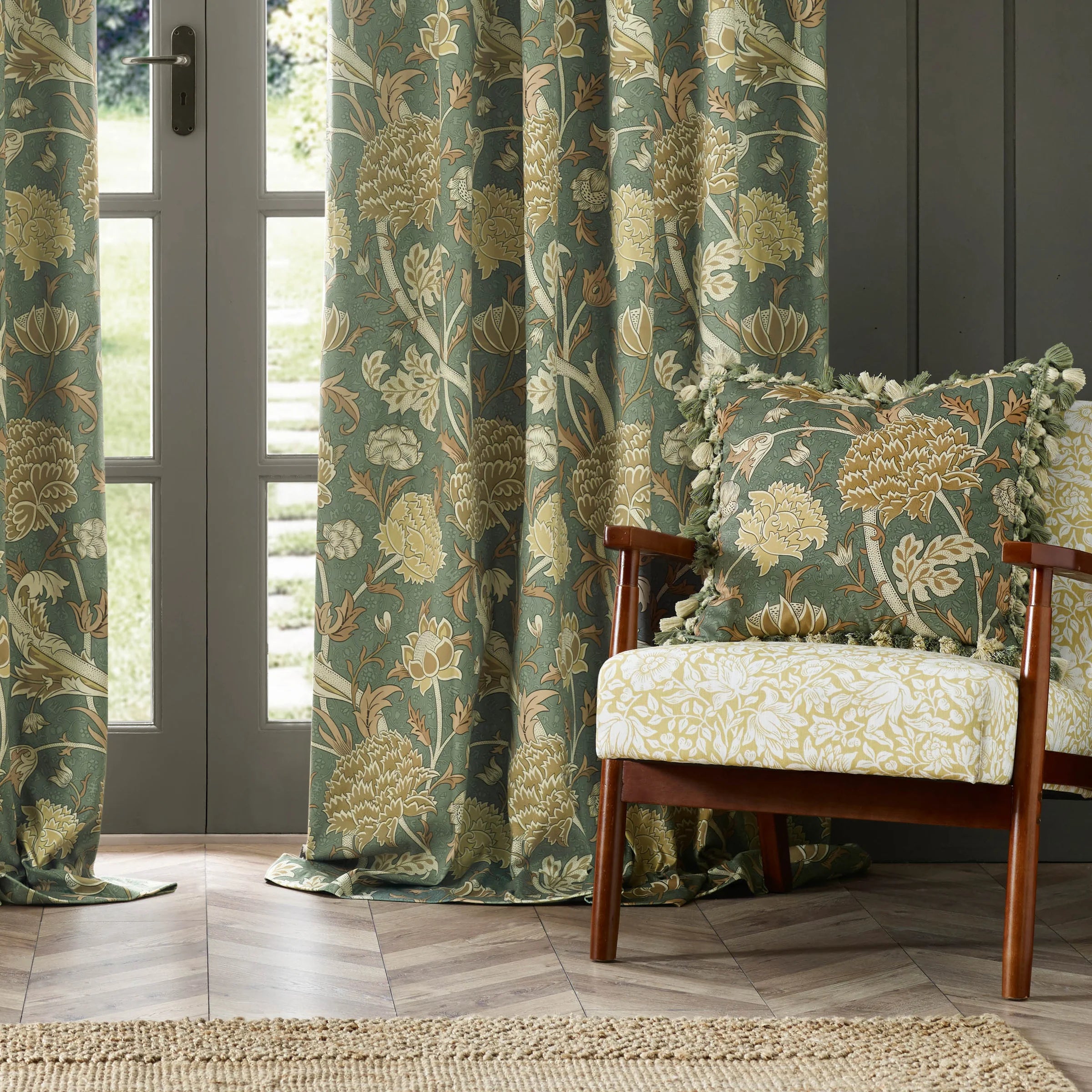 Cray Floral Velvet Pencil Pleat Curtains - Sage/Sunflower