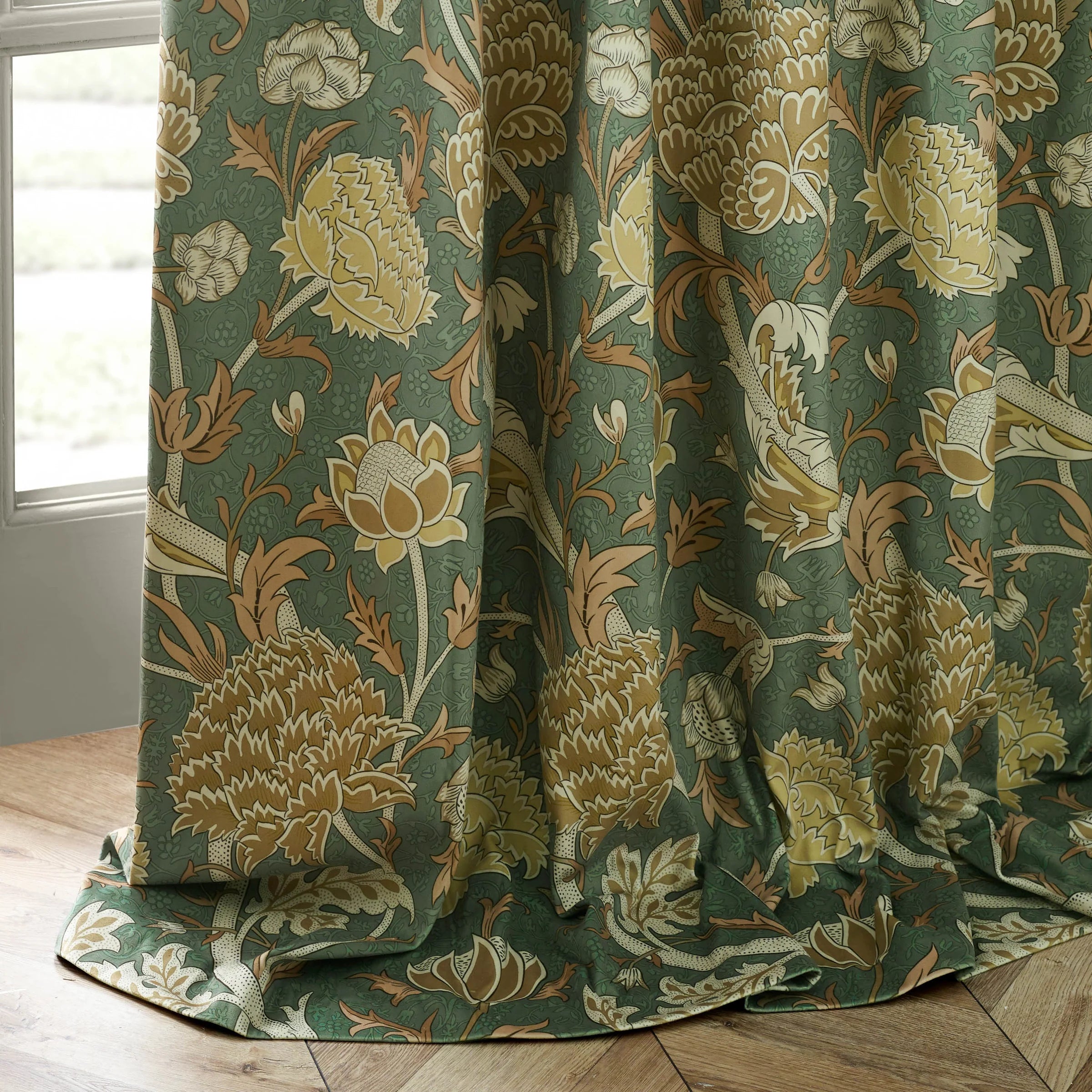 Cray Floral Velvet Pencil Pleat Curtains - Sage/Sunflower