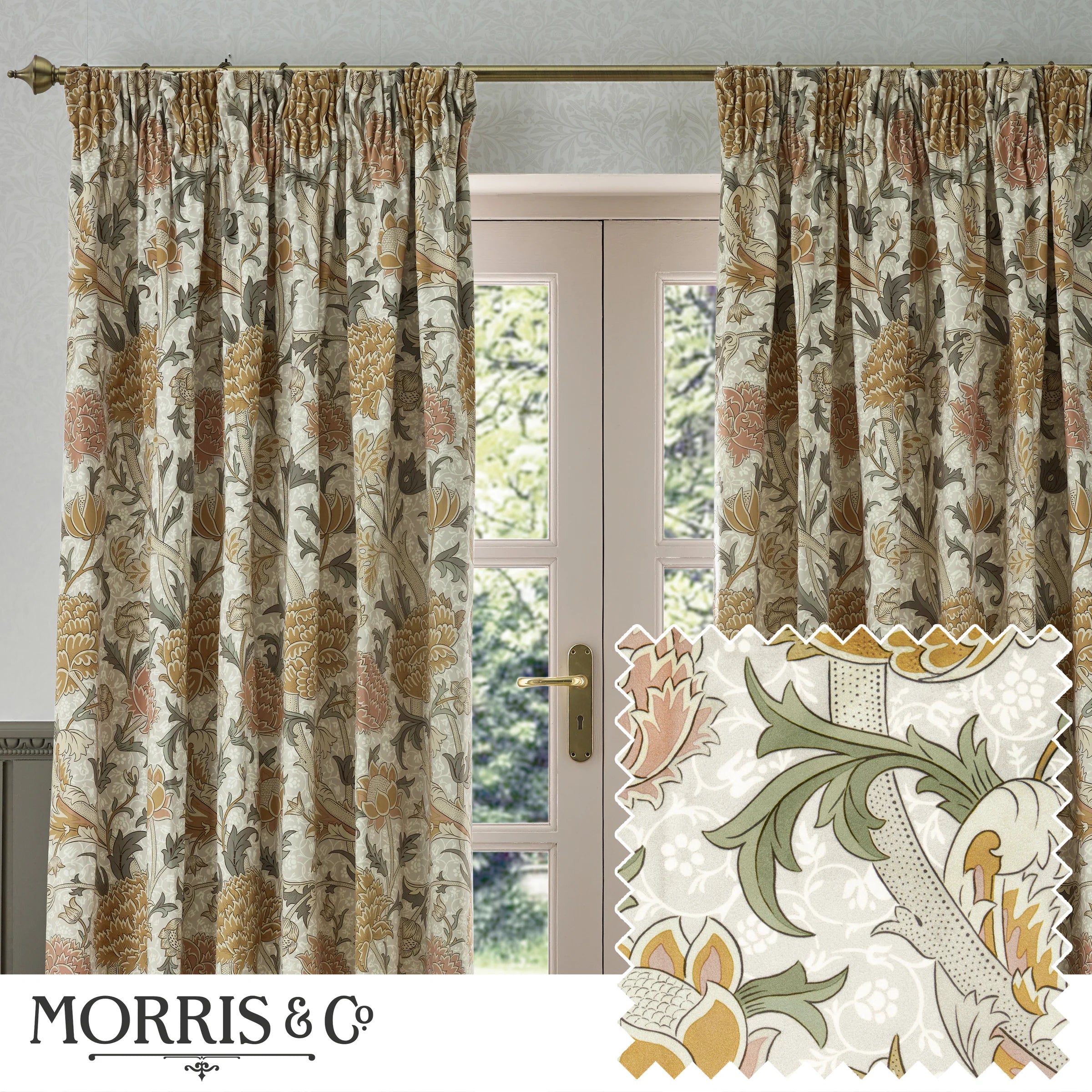 Cray Floral Velvet Pencil Pleat Curtains - Stone/Clay