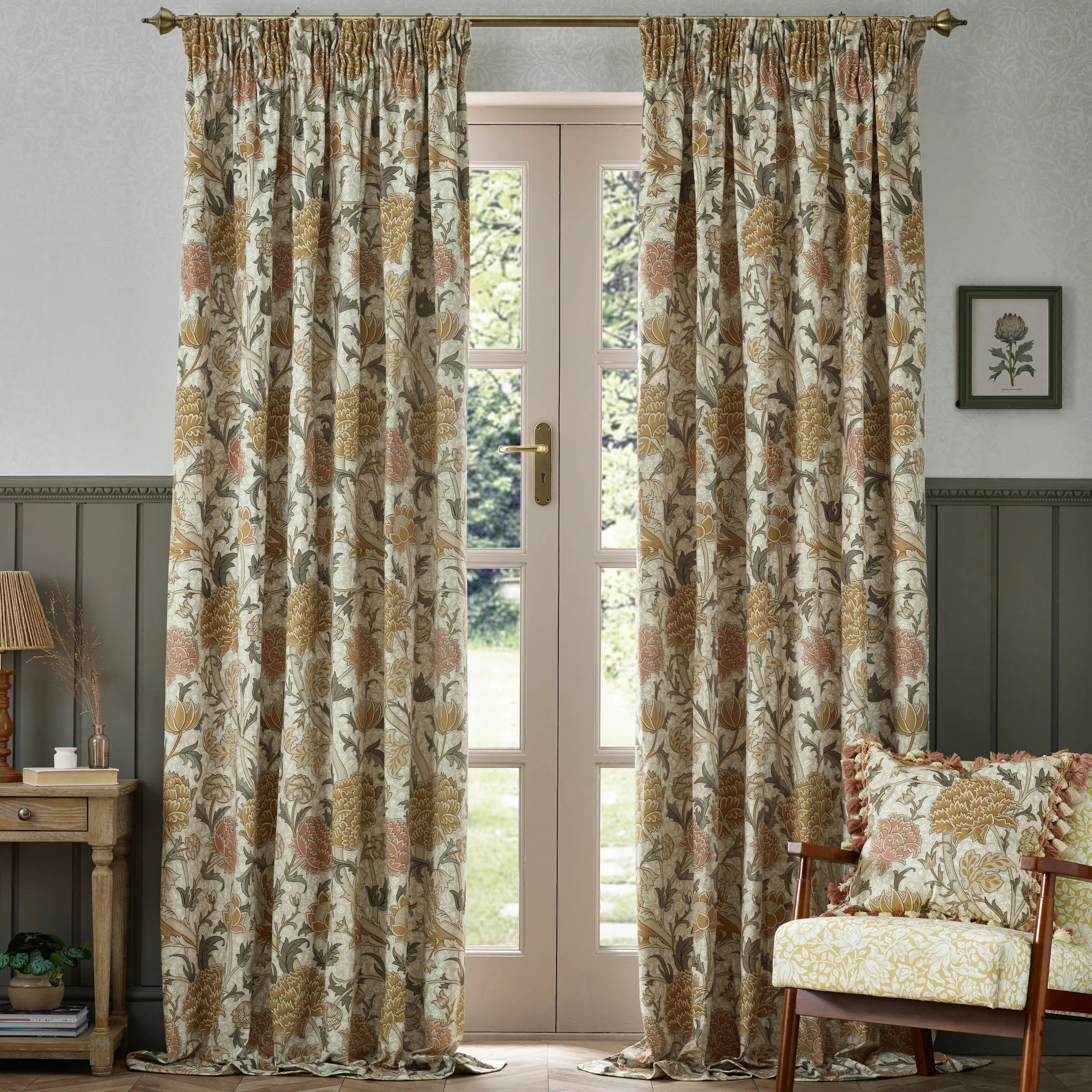 Tende a pieghe a matita in jacquard Brook Woodland - Lino
