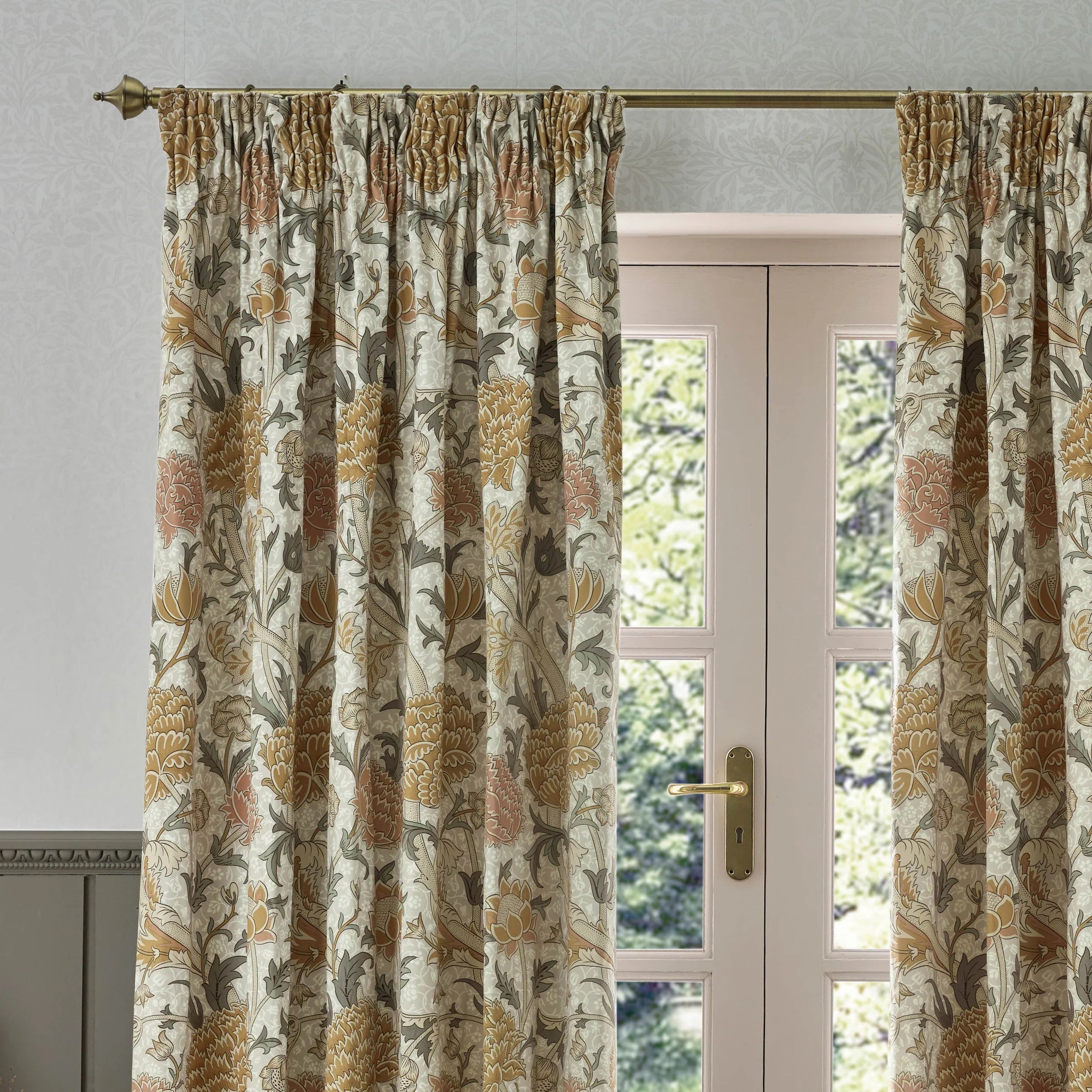 Cray Floral Velvet Pencil Pleat Curtains - Stone/Clay