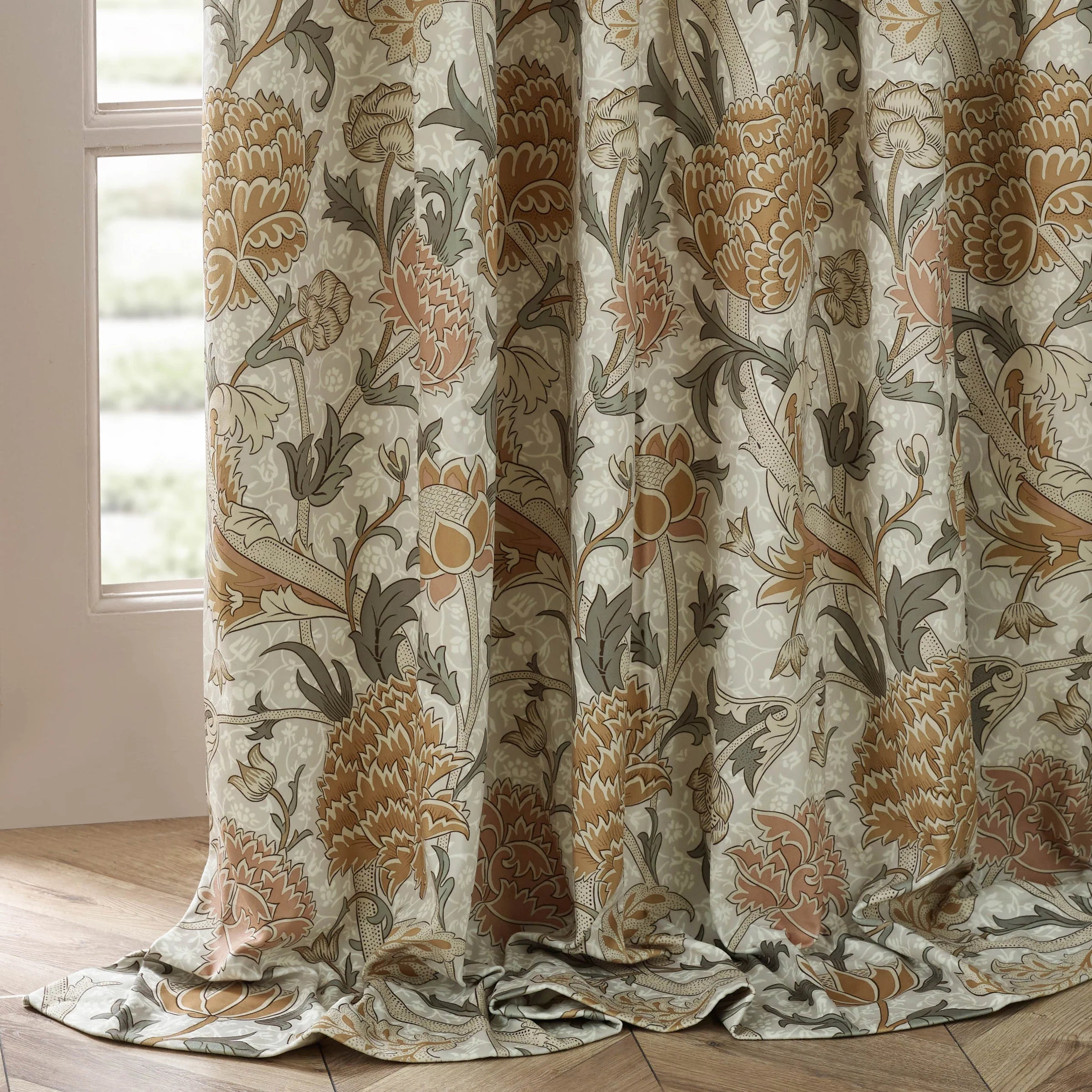 Cray Floral Velvet Pencil Pleat Curtains - Stone/Clay
