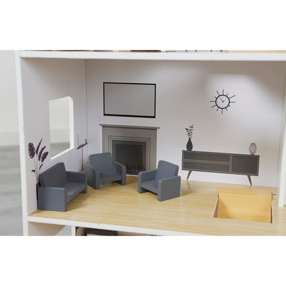 Contemporary Dolls House with 18 Handcrafted Wood Furniture Accessories