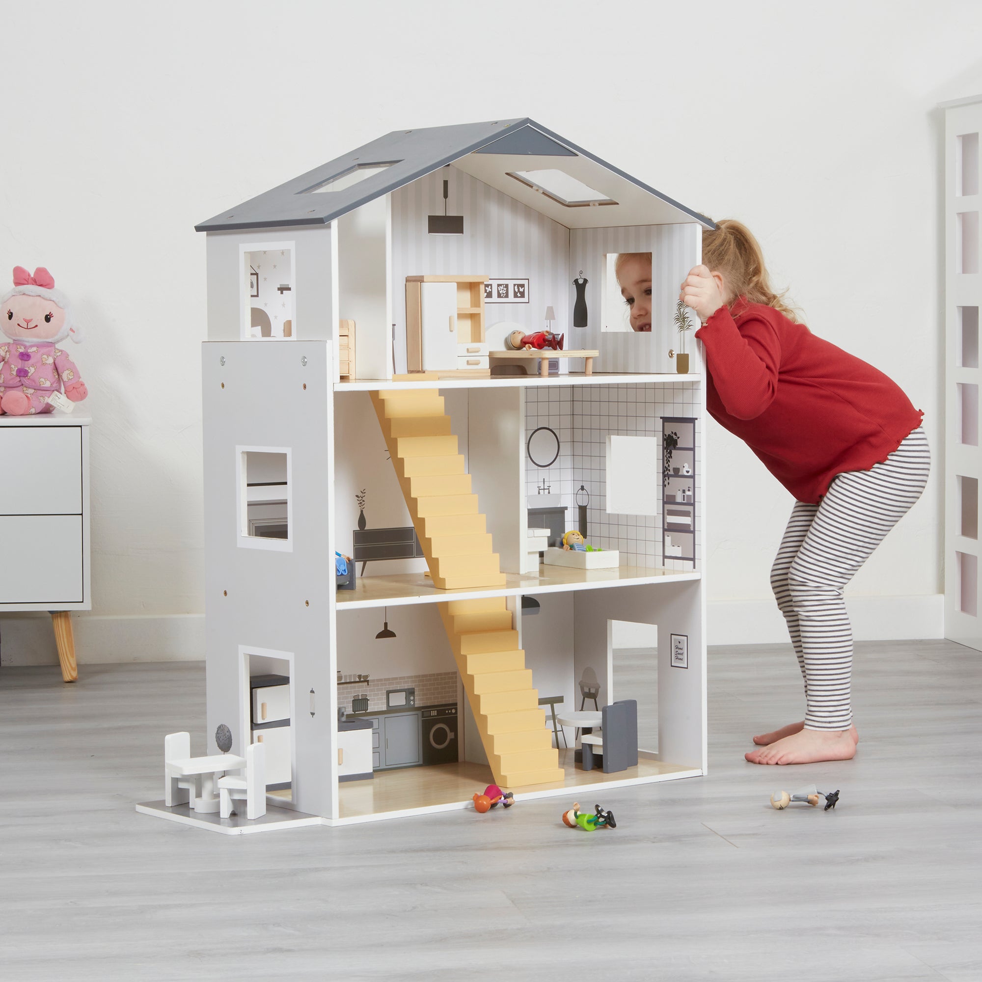 Contemporary Dolls House with 18 Handcrafted Wood Furniture Accessories