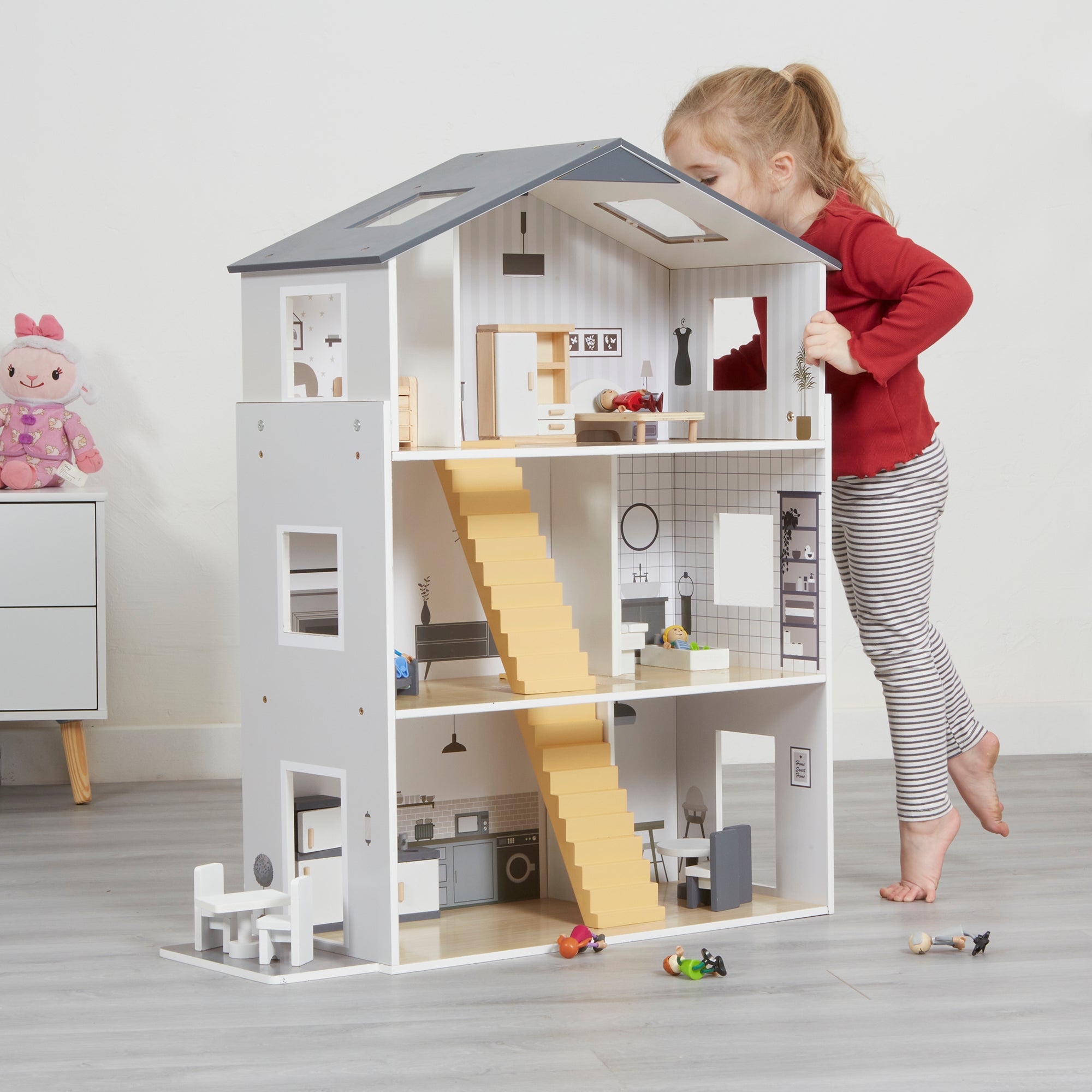 Contemporary Dolls House with 18 Handcrafted Wood Furniture Accessories