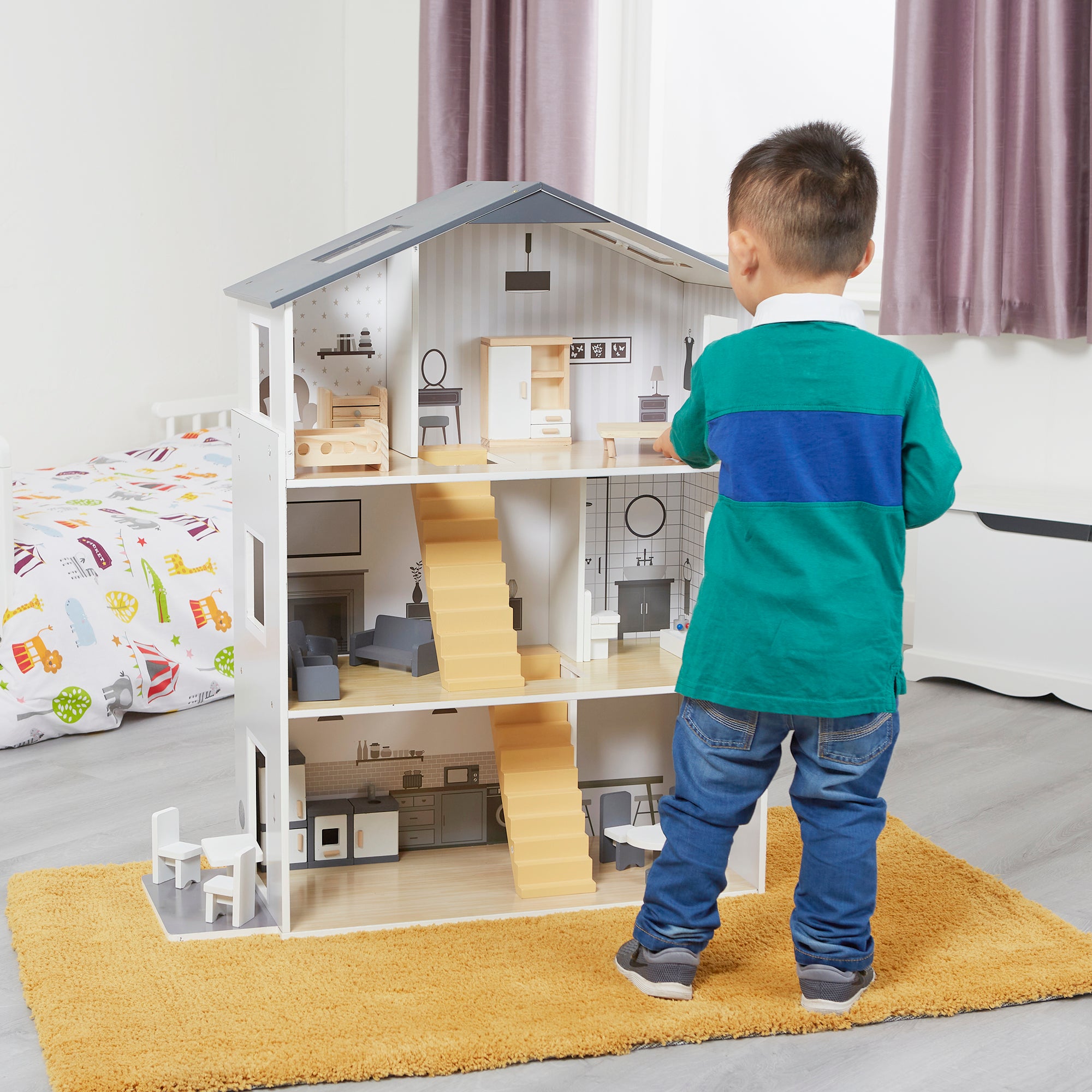 Contemporary Dolls House with 18 Handcrafted Wood Furniture Accessories