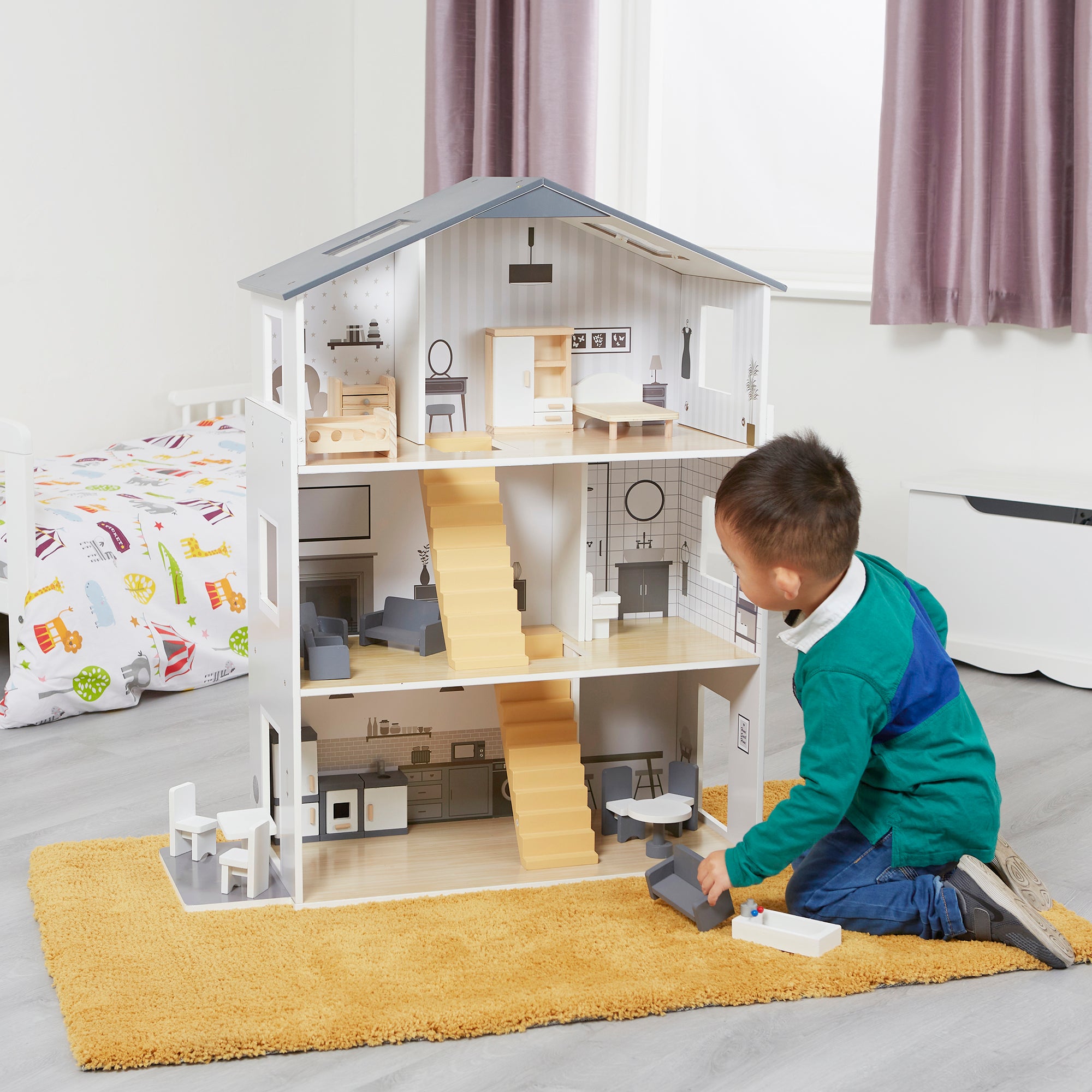Contemporary Dolls House with 18 Handcrafted Wood Furniture Accessories