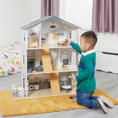 Contemporary Dolls House with 18 Handcrafted Wood Furniture Accessories