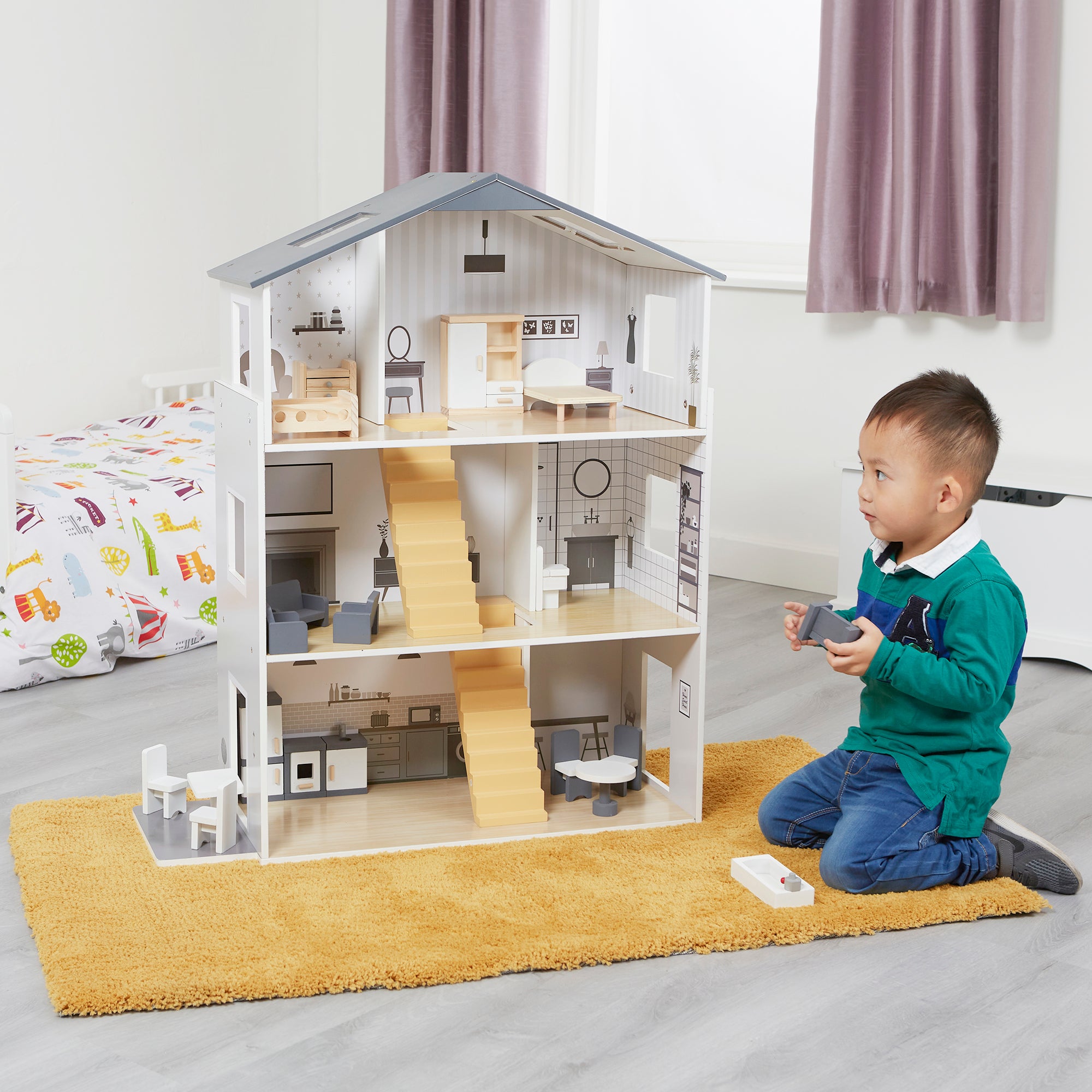 Contemporary Dolls House with 18 Handcrafted Wood Furniture Accessories