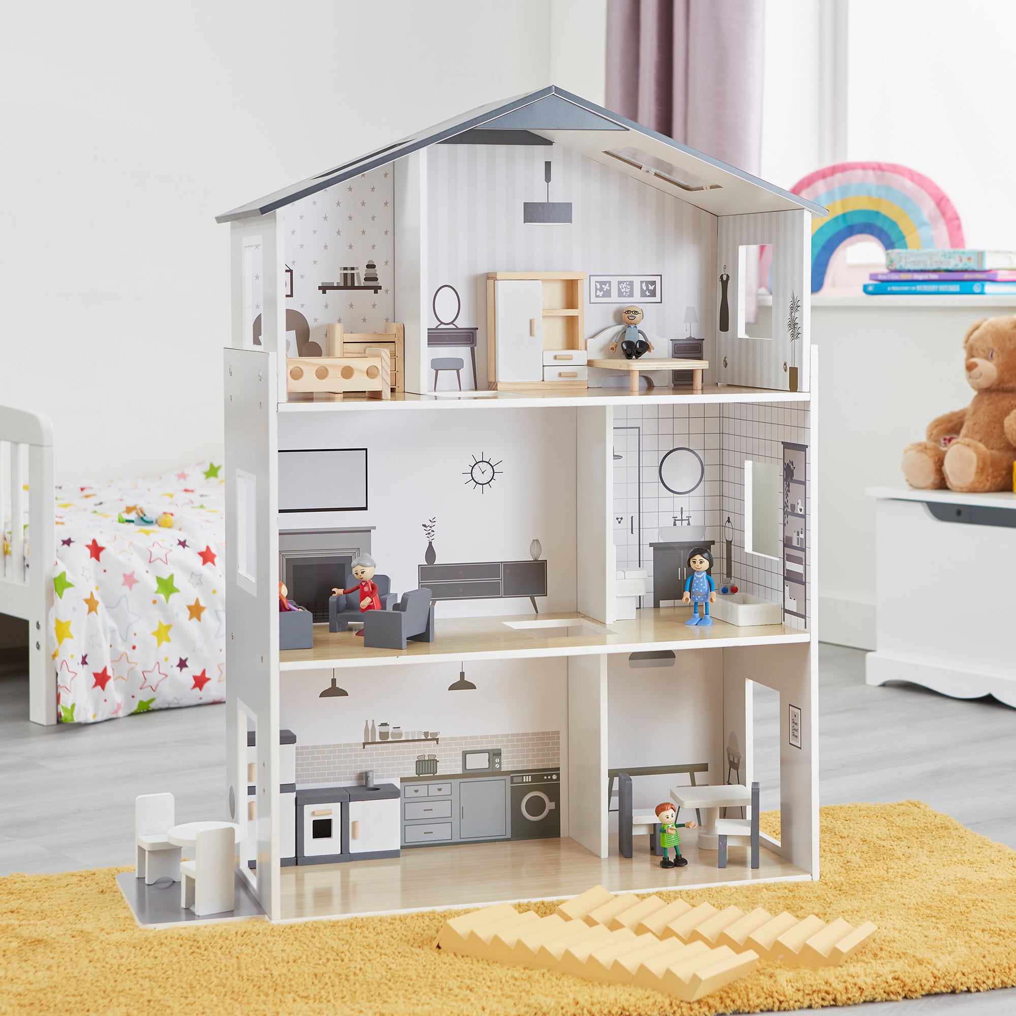 Contemporary Dolls House with 18 Handcrafted Wood Furniture Accessories