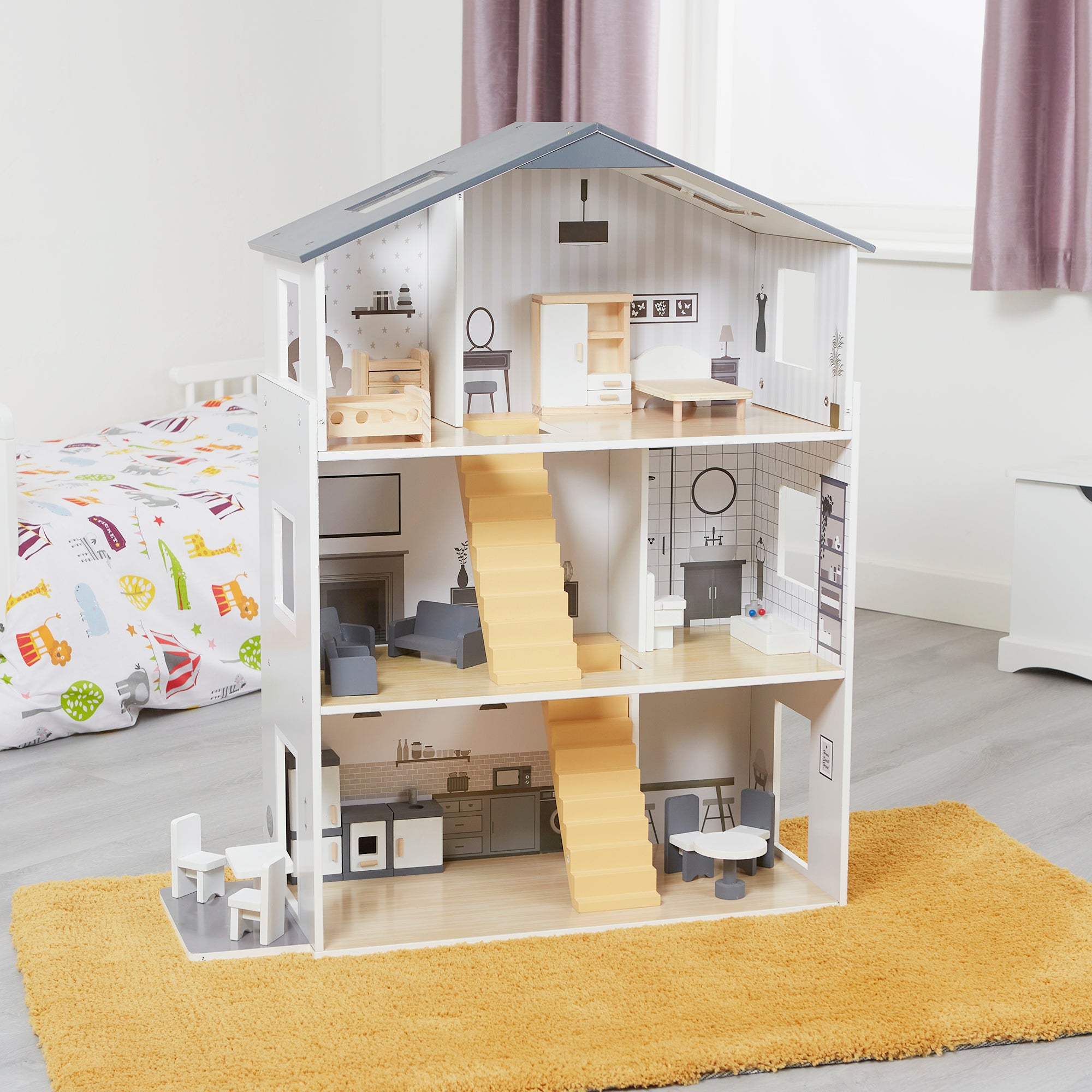 Contemporary Dolls House with 18 Handcrafted Wood Furniture Accessories