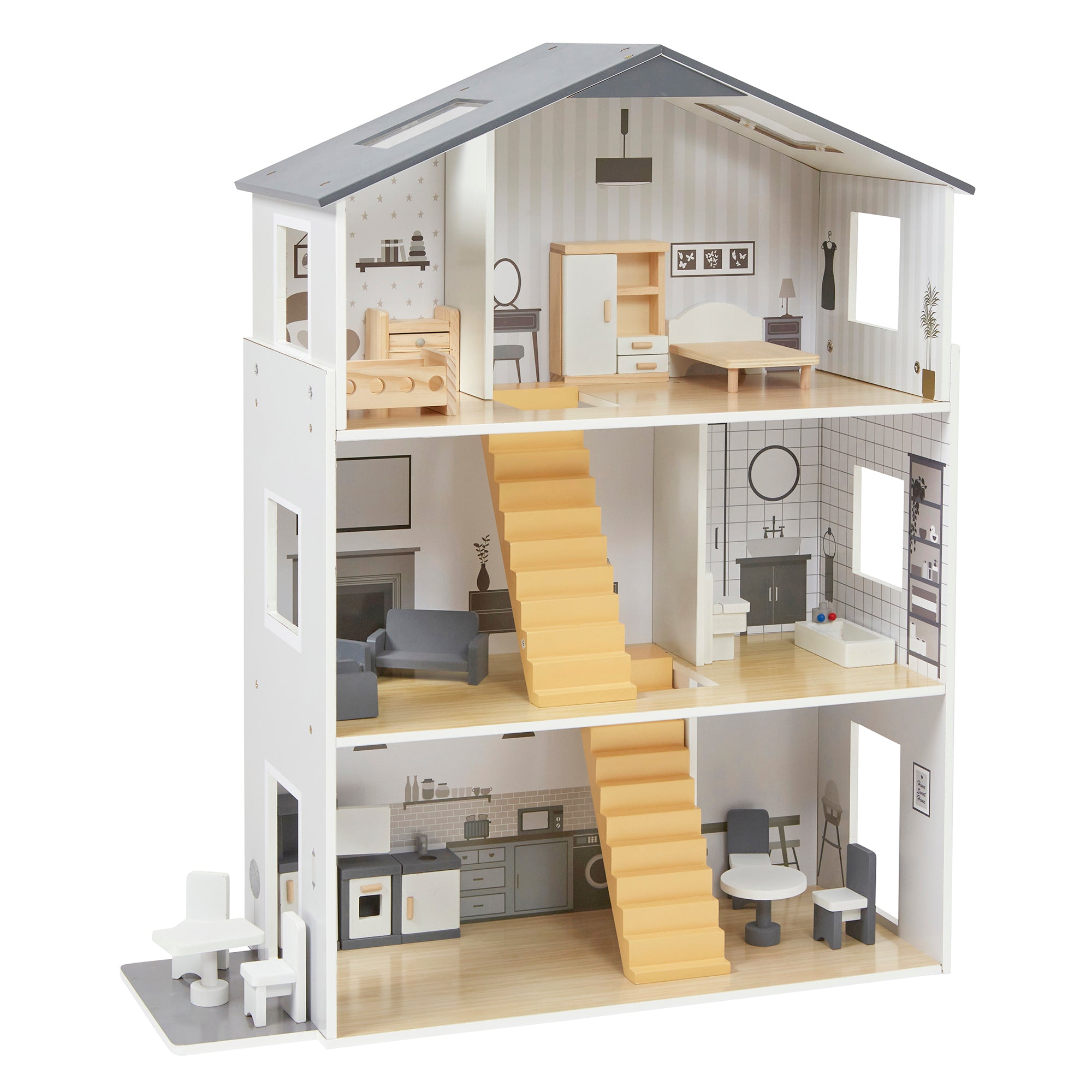 Contemporary Dolls House with 18 Handcrafted Wood Furniture Accessories