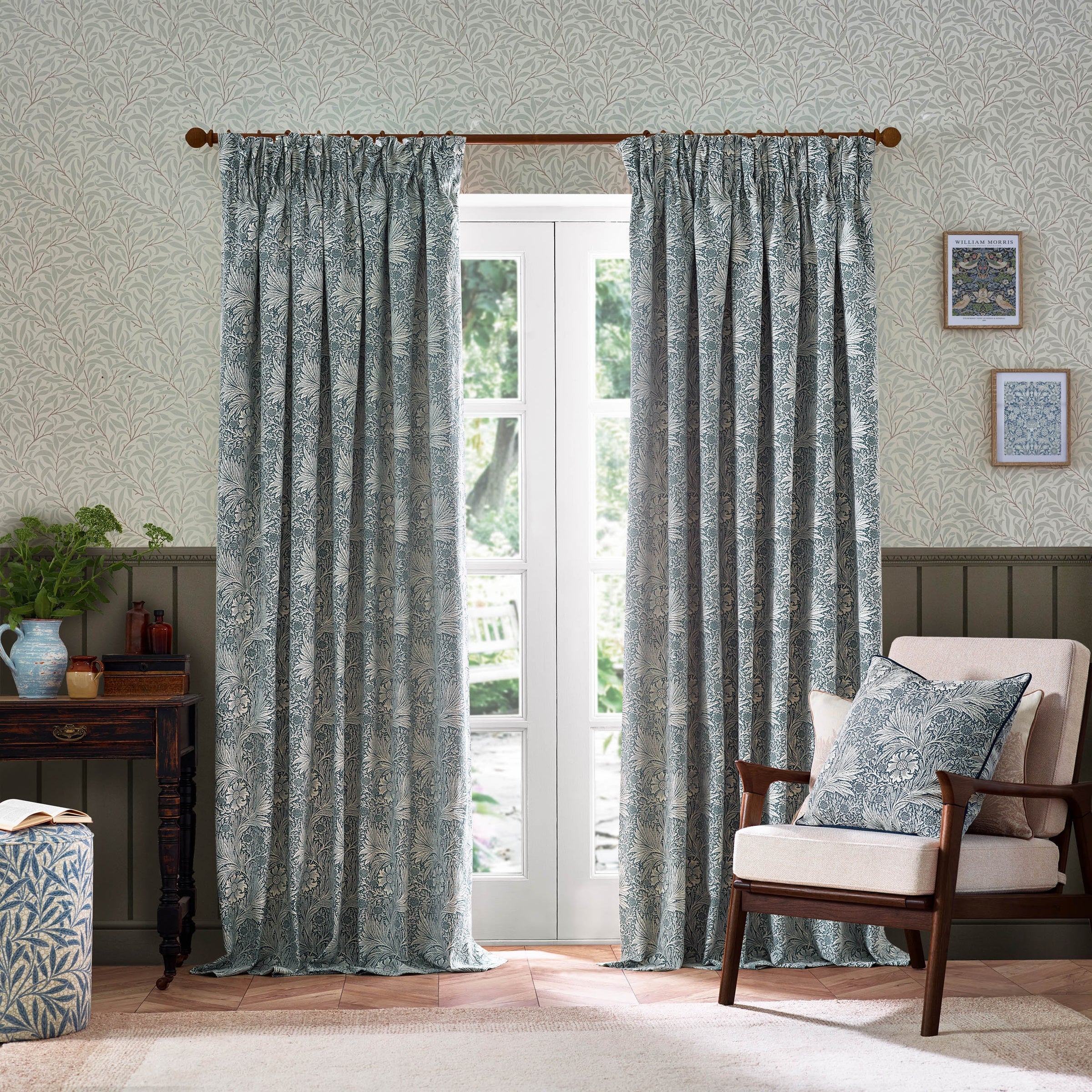 Marigold Floral Jacquard Pencil Pleat Curtains - Indigo