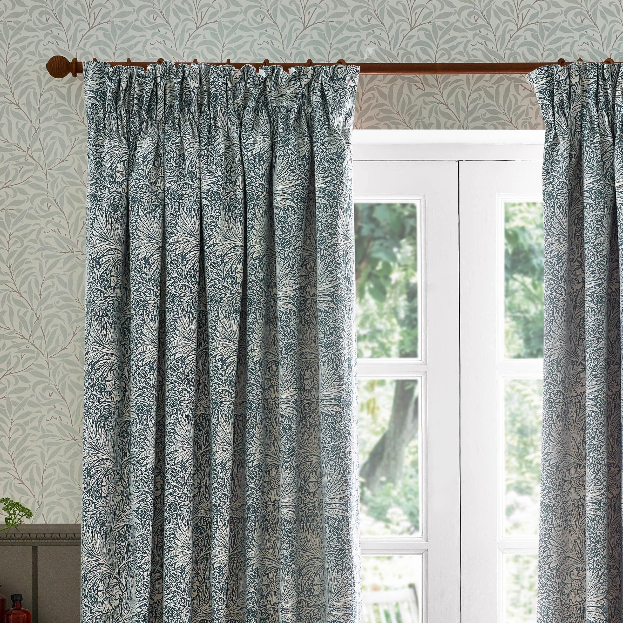 Marigold Floral Jacquard Pencil Pleat Curtains - Indigo
