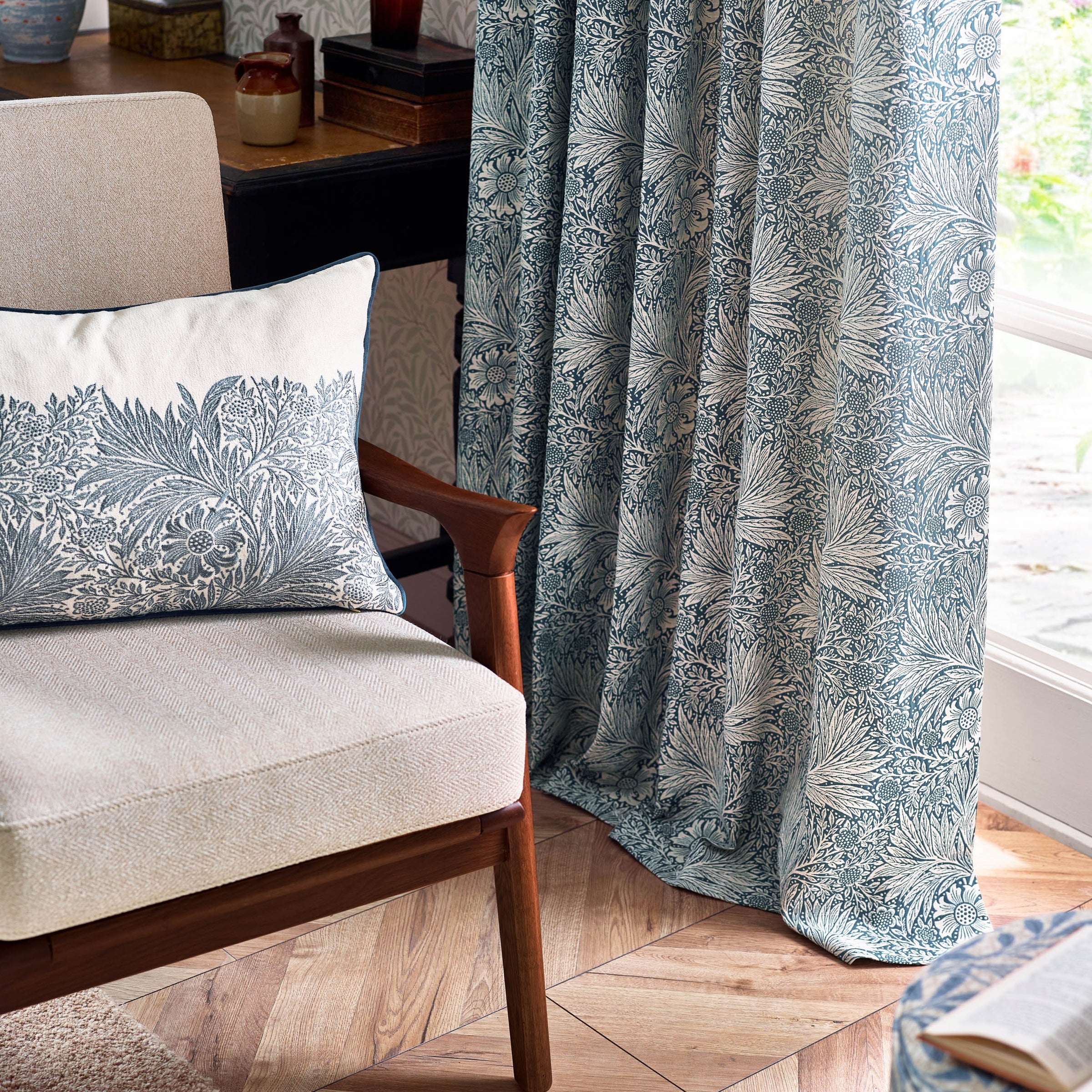 Marigold Floral Jacquard Pencil Pleat Curtains - Indigo