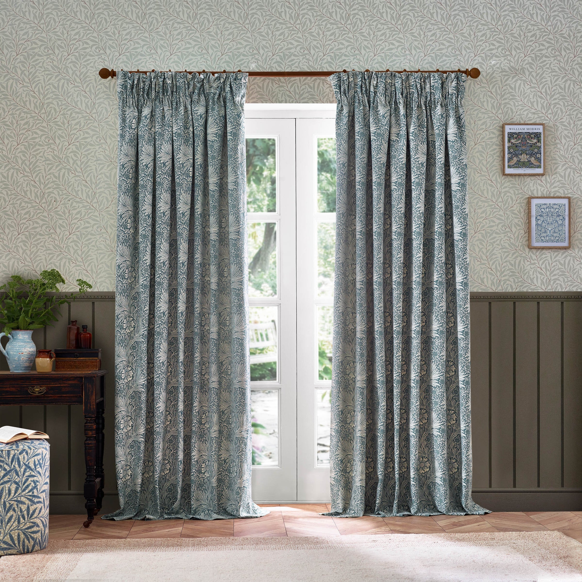 Marigold Floral Jacquard Pencil Pleat Curtains - Indigo