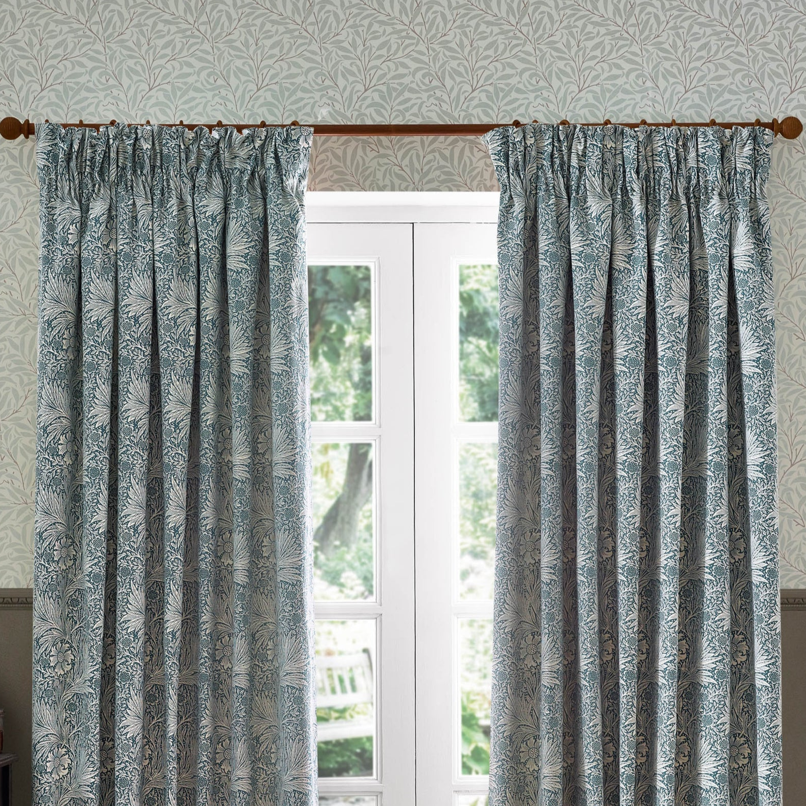 Marigold Floral Jacquard Pencil Pleat Curtains - Indigo